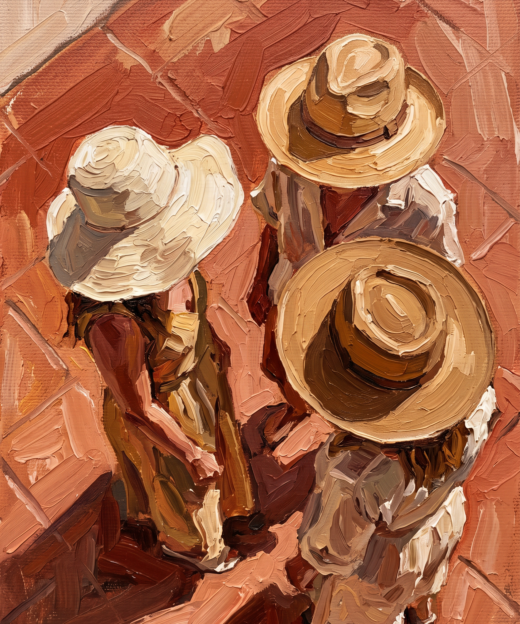 Sunday Hats - schilderij van drie vrouwen met brede hoeden van bovenaf gezien