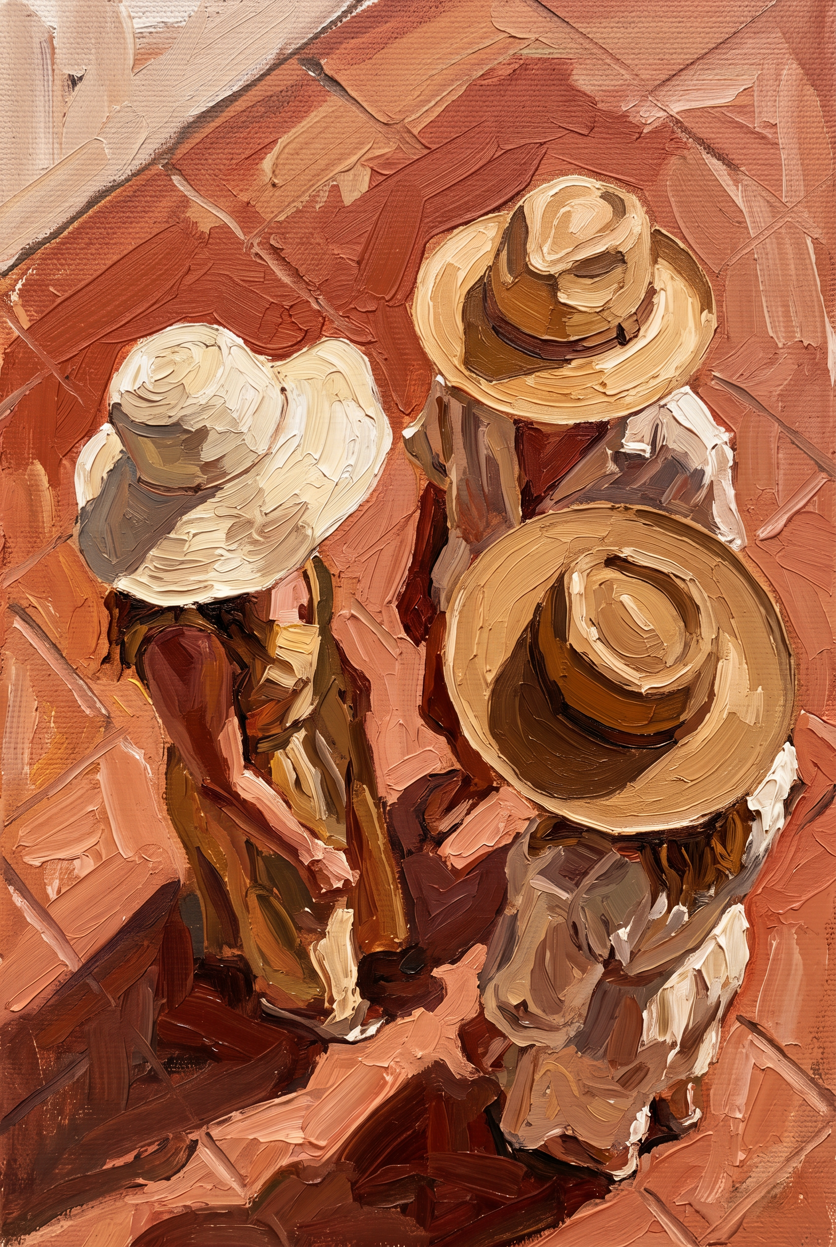 Sunday Hats - schilderij van drie vrouwen met brede hoeden van bovenaf gezien