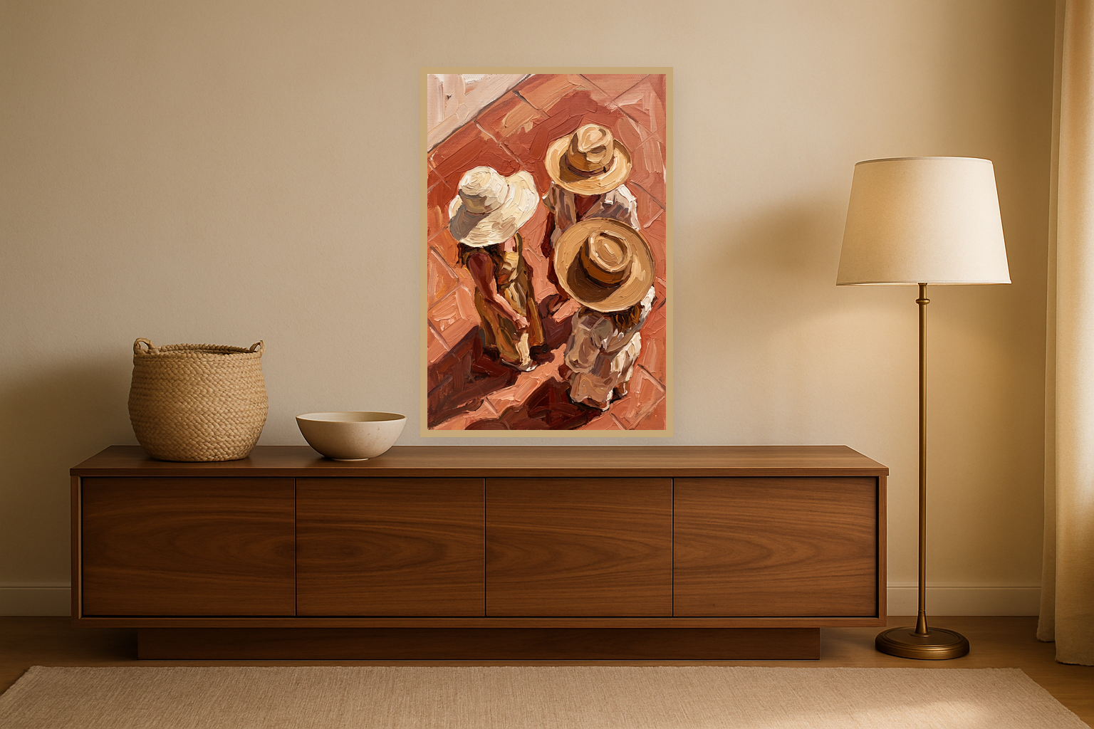 Sunday Hats van Wandkraft op canvas in blanke baklijst, in een warm, licht interieur.