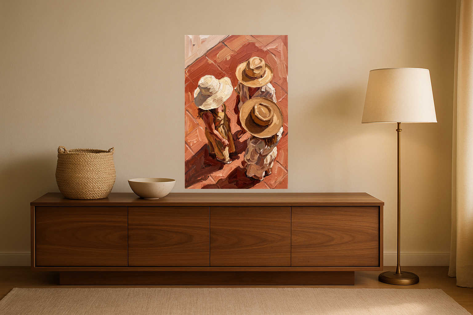 Sunday Hats van Wandkraft op canvas zonder lijst, vlak aan de muur, in een warm, licht interieur.