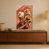 Sunday Hats van Wandkraft op canvas zonder lijst, vlak aan de muur, in een warm, licht interieur.