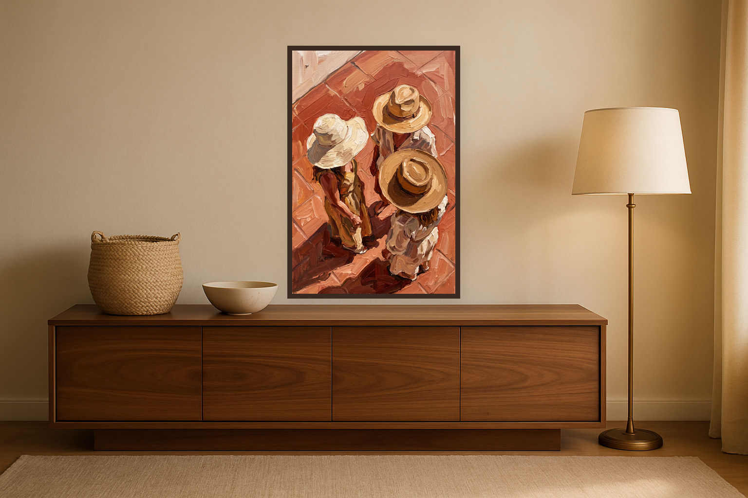 Sunday Hats van Wandkraft op canvas in wenge baklijst, in een warm, licht interieur.