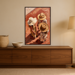 Sunday Hats van Wandkraft op canvas in wenge baklijst, in een warm, licht interieur.