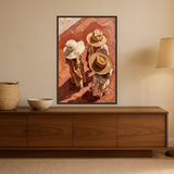 Sunday Hats van Wandkraft op canvas in wenge baklijst, in een warm, licht interieur.