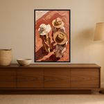 Sunday Hats van Wandkraft op canvas in zwarte baklijst, in een warm, licht interieur.