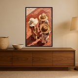 Sunday Hats van Wandkraft op canvas in zwarte baklijst, in een warm, licht interieur.
