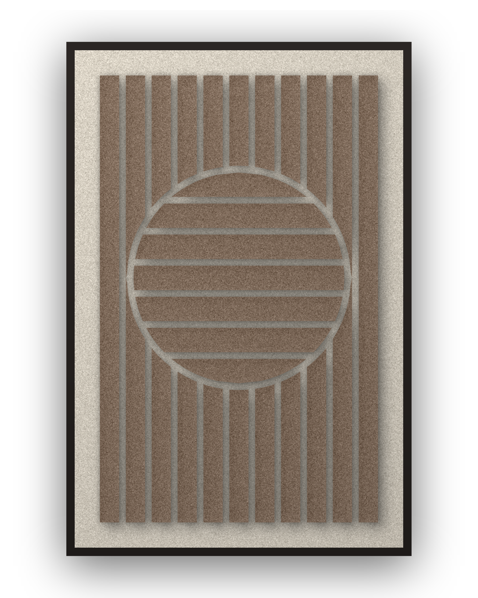 Panneau en feutre acoustique Sun Rings Cocoa avec éléments appliqués brun café sur ivoire, cadre caisse noir