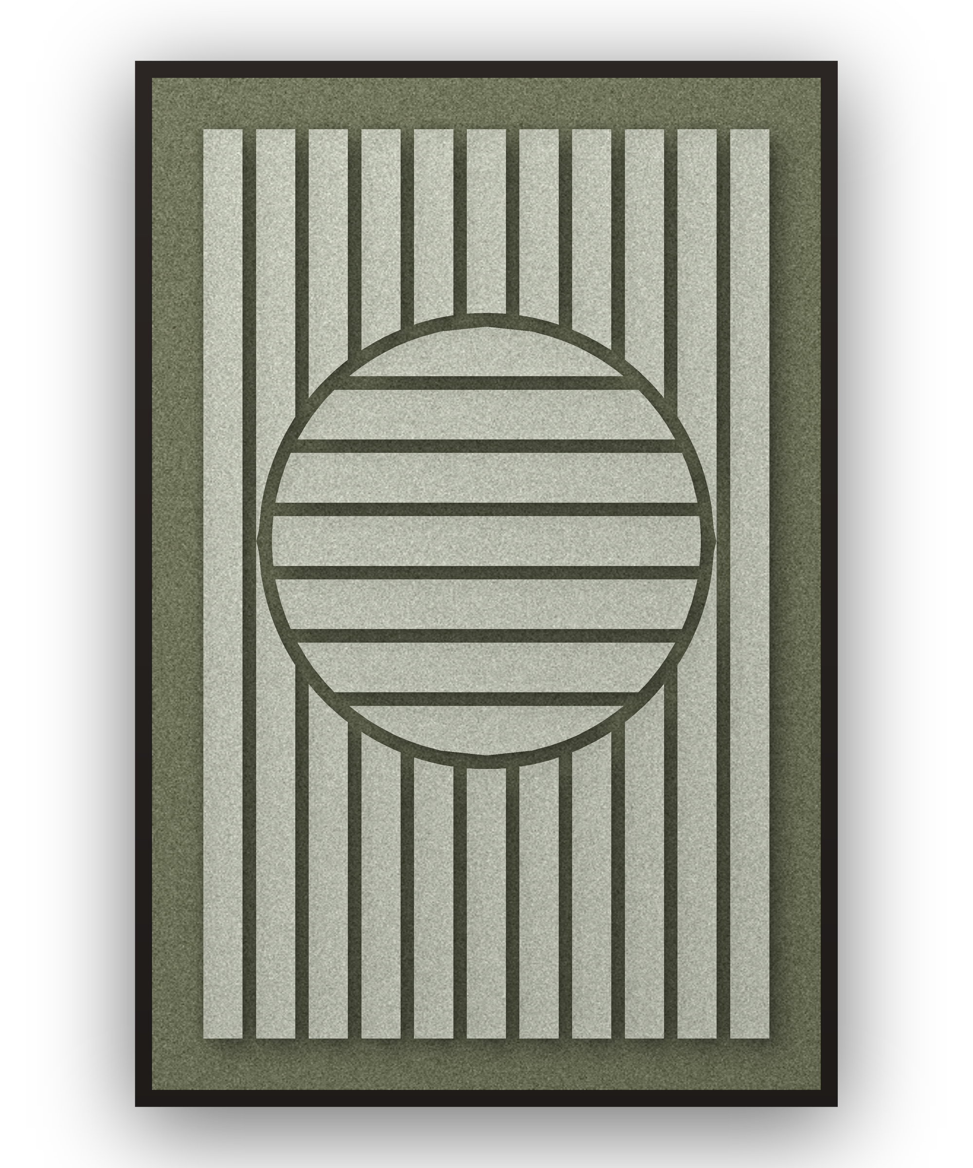 Sun Rings Fern Akustikfilz-Paneel mit aufgesetzten Elementen in Graugrün auf Waldgrün, schwarzer Schattenfugenrahmen