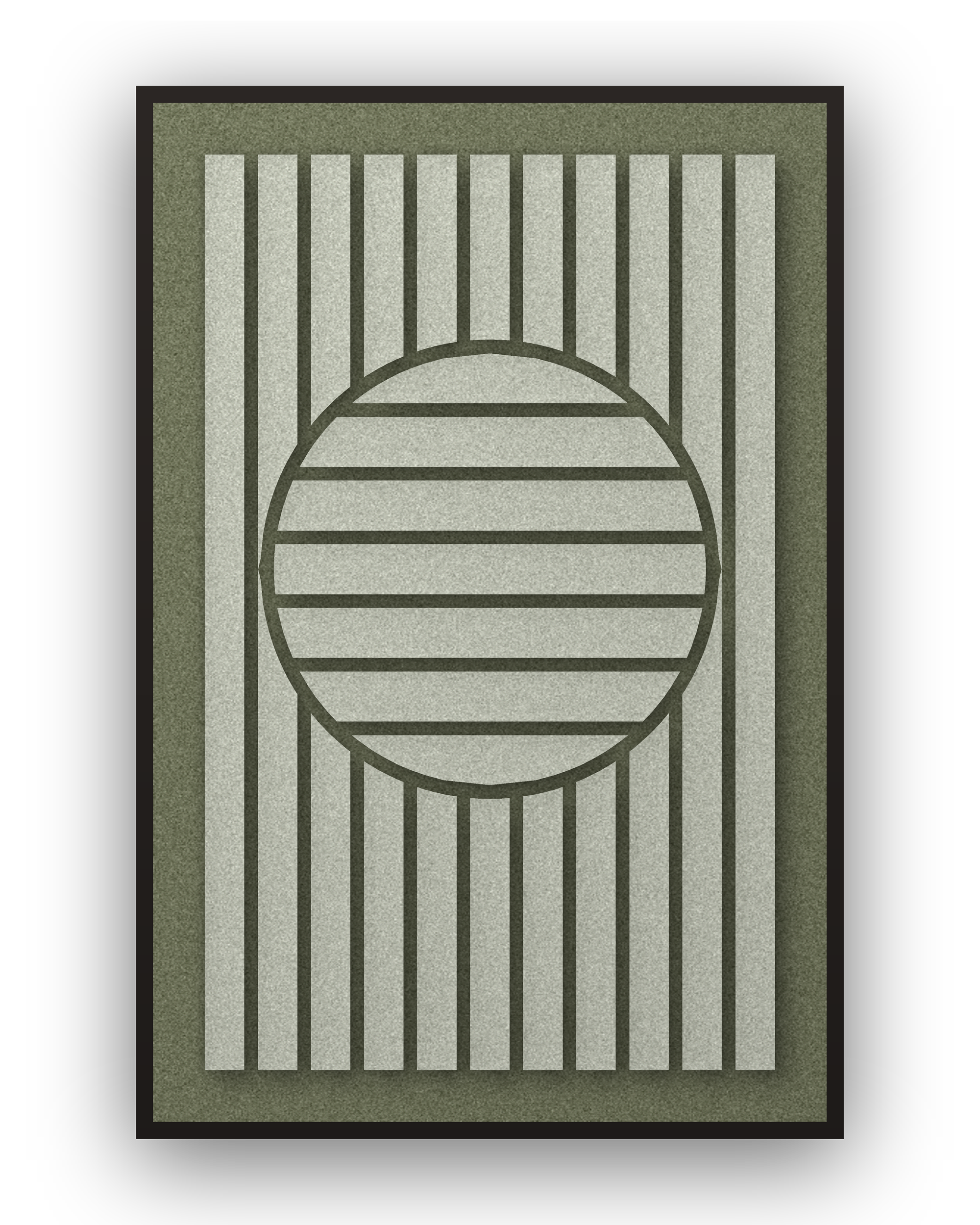 Panneau en feutre acoustique Sun Rings Fern avec éléments appliqués gris-vert sur vert forêt, cadre caisse noir