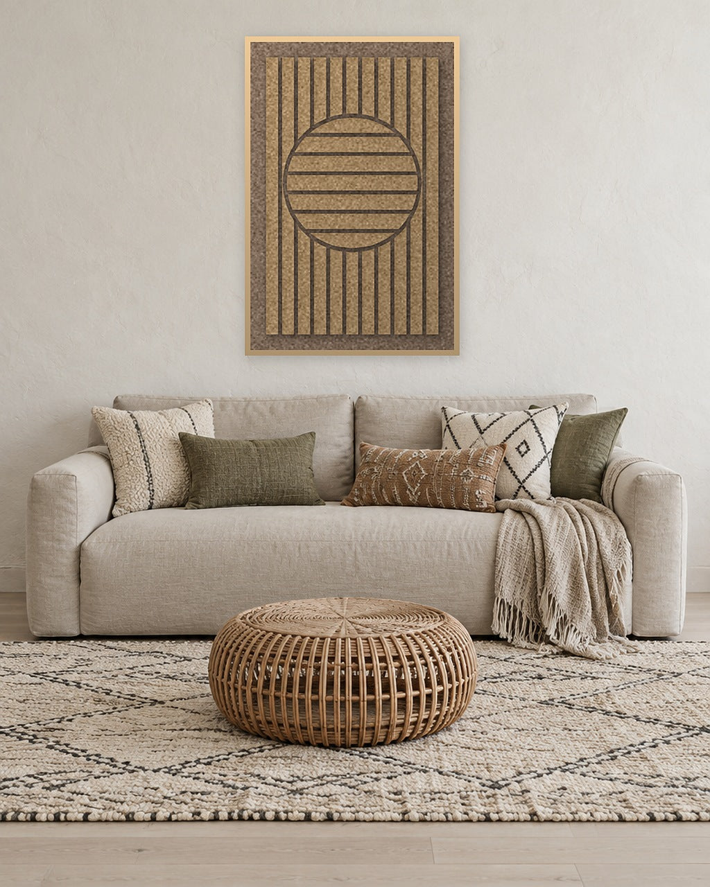 Panneau en feutre Sun Rings Latte avec cadre caisse naturel au mur