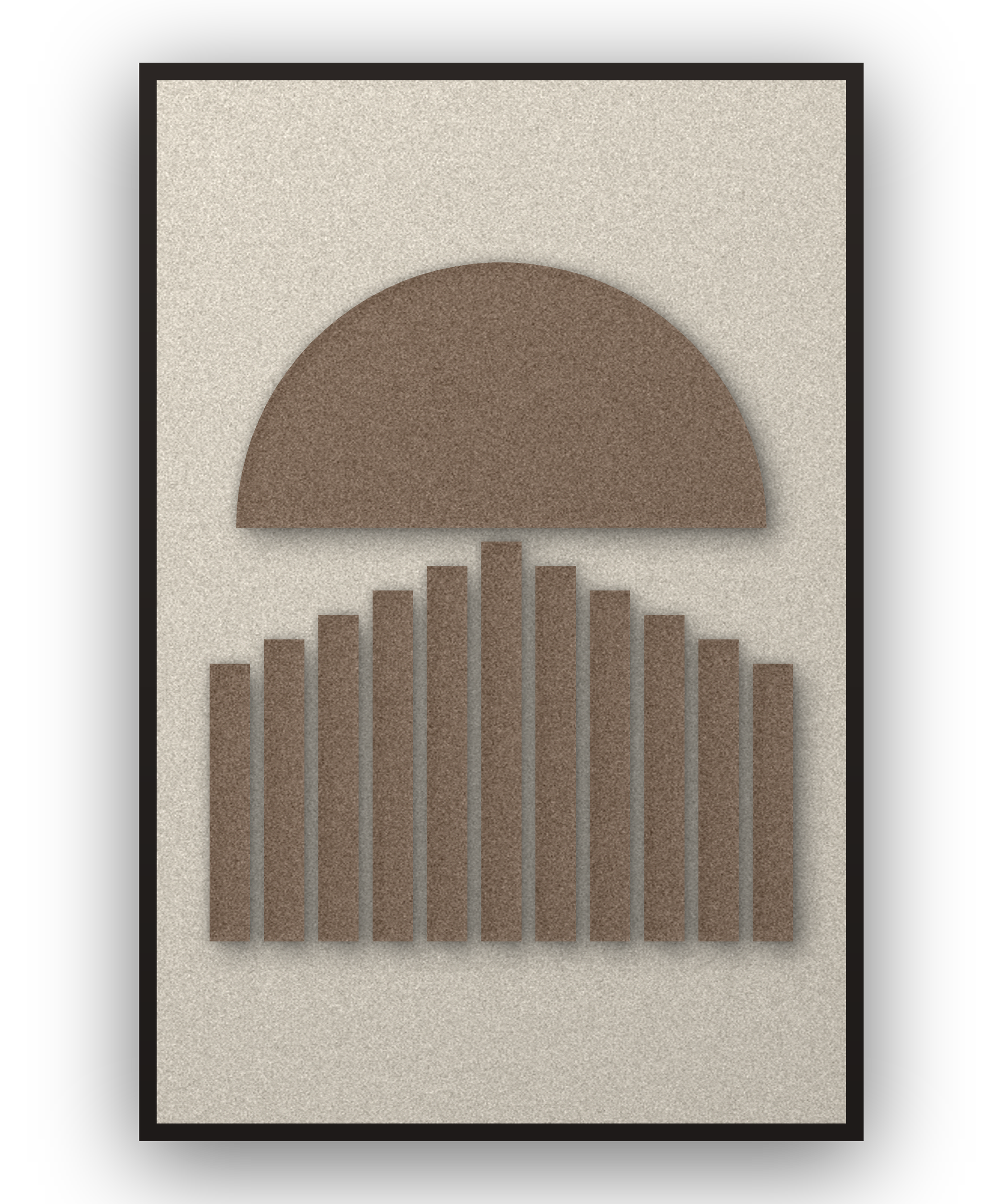 Sunset Stripes Cocoa Akustikfilz-Paneel mit aufgesetzten Elementen in Kaffeebraun auf Elfenbein, schwarzer Schattenfugenrahmen