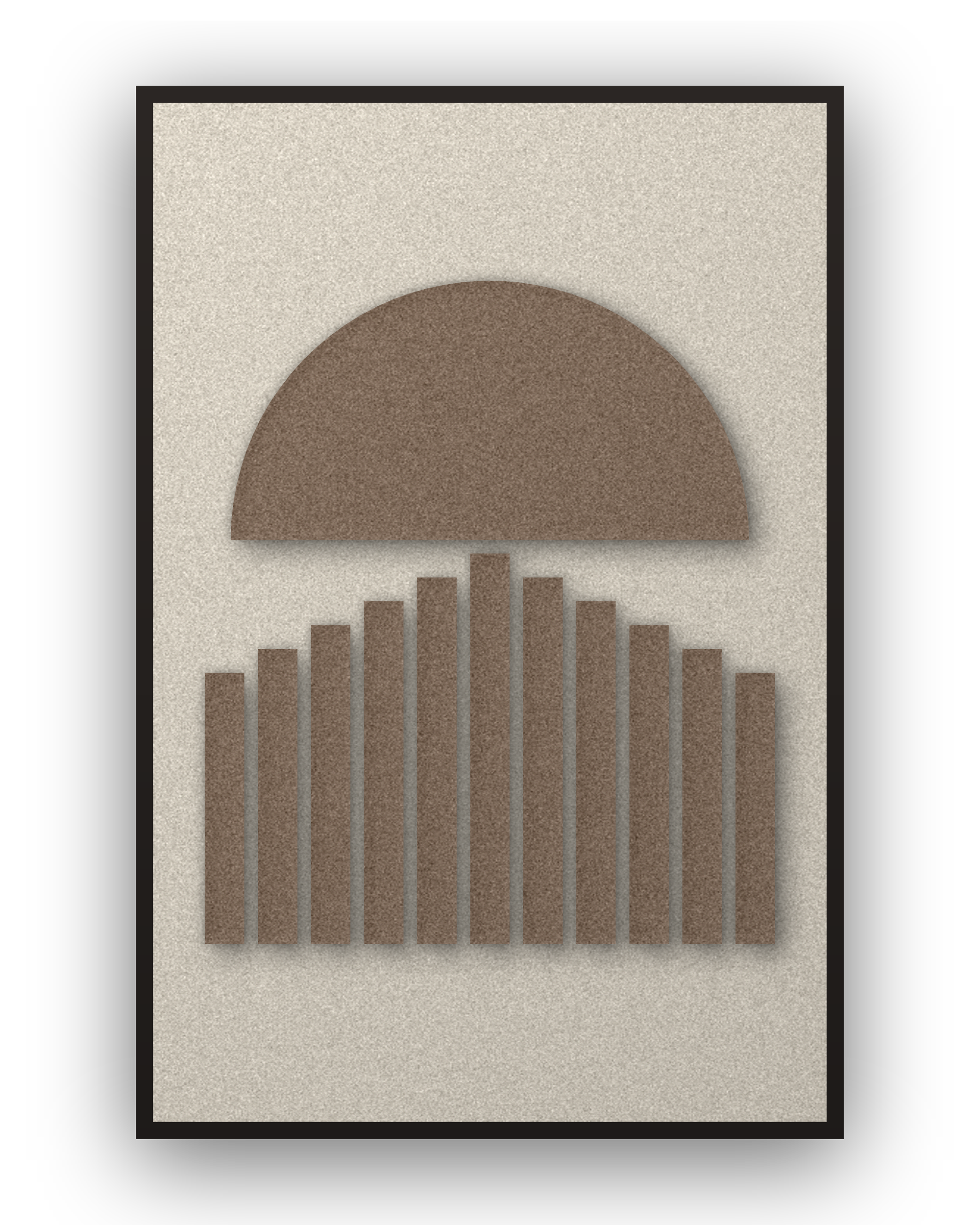 Panneau en feutre acoustique Sunset Stripes Cocoa avec éléments appliqués brun café sur ivoire, cadre caisse noir