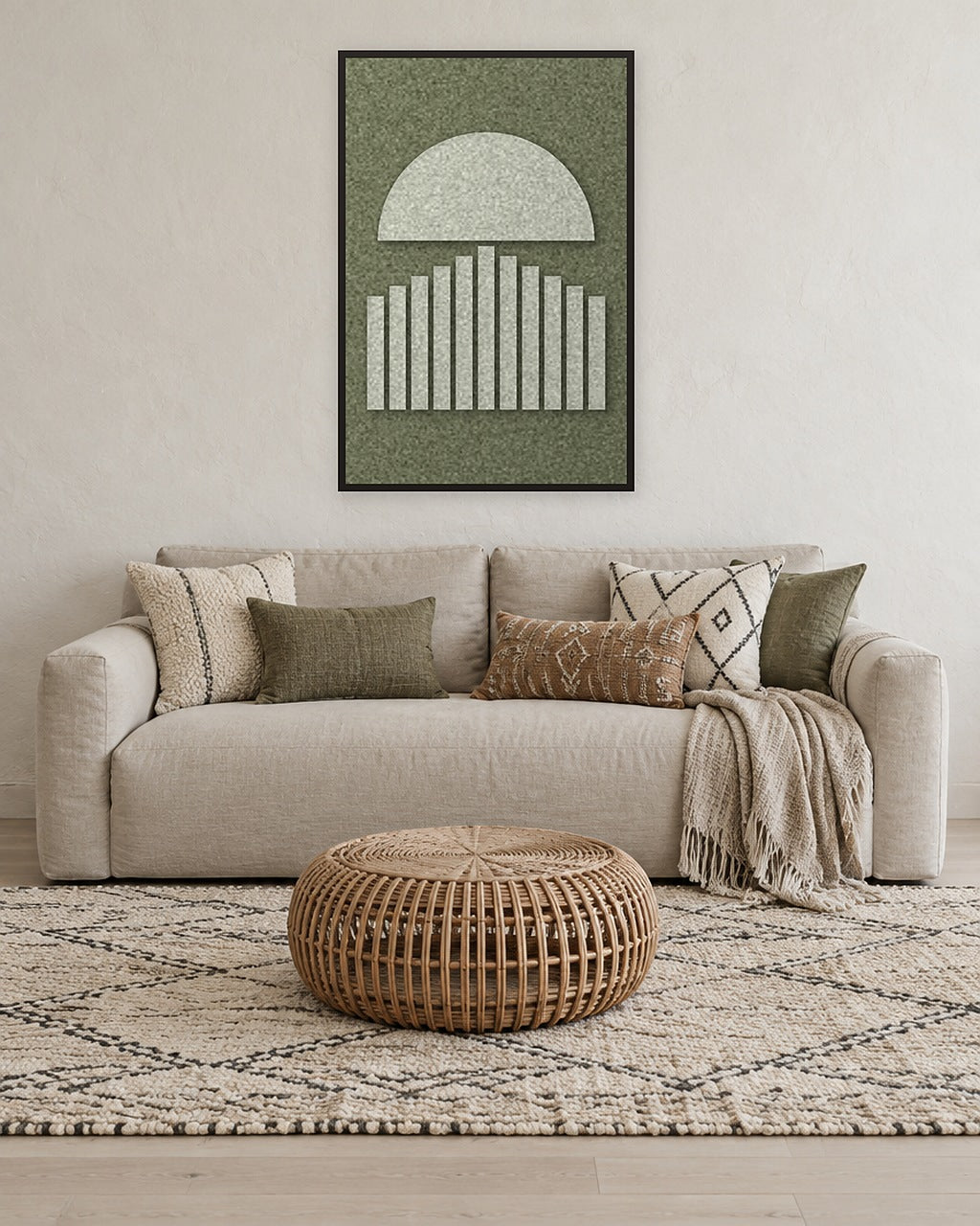 Panneau en feutre Sunset Stripes Fern avec cadre caisse noir au mur dans un intérieur scandinave