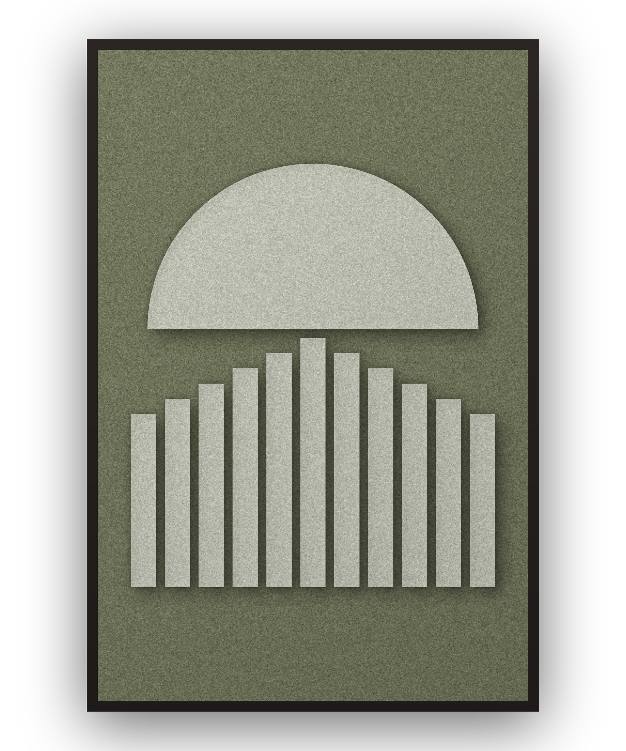Sunset Stripes Fern Akustikfilz-Paneel mit aufgesetzten Elementen in Graugrün auf Waldgrün, schwarzer Schattenfugenrahmen