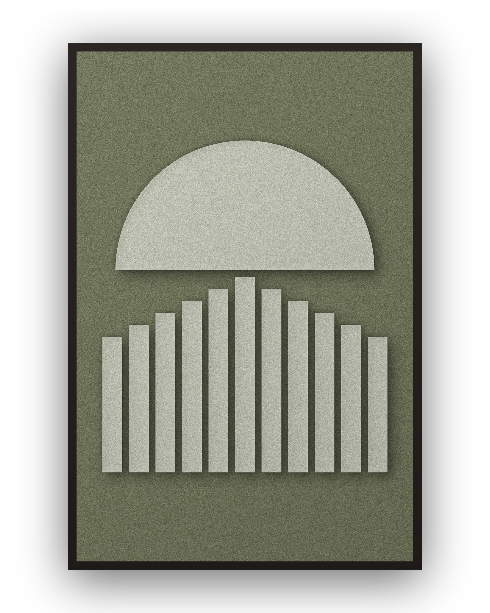 Panneau en feutre acoustique Sunset Stripes Fern avec éléments appliqués gris-vert sur vert forêt, cadre caisse noir