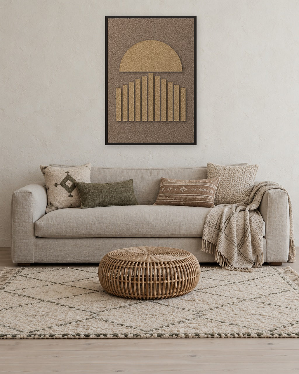 Panneau en feutre Sunset Stripes Latte avec cadre caisse noir au mur dans un intérieur scandinave
