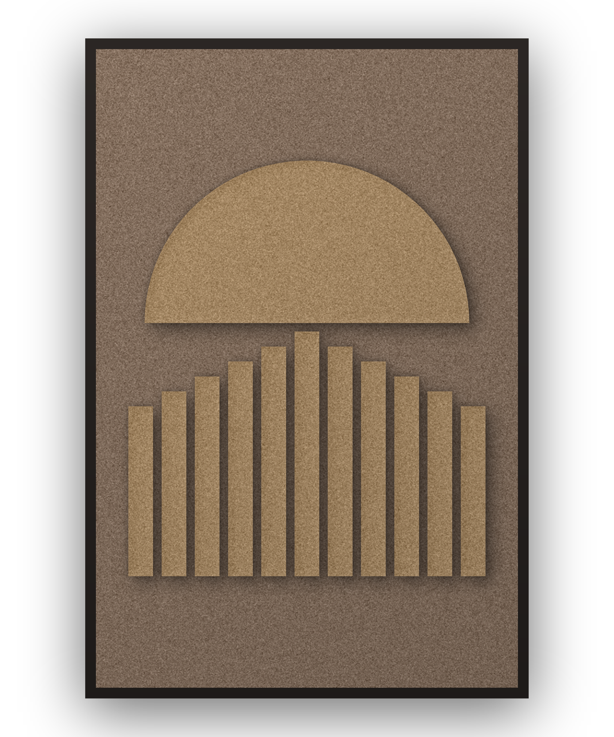 Sunset Stripes Latte Akustikfilz-Paneel mit aufgesetzten Elementen in Lattebraun auf Kaffeebraun, schwarzer Schattenfugenrahmen