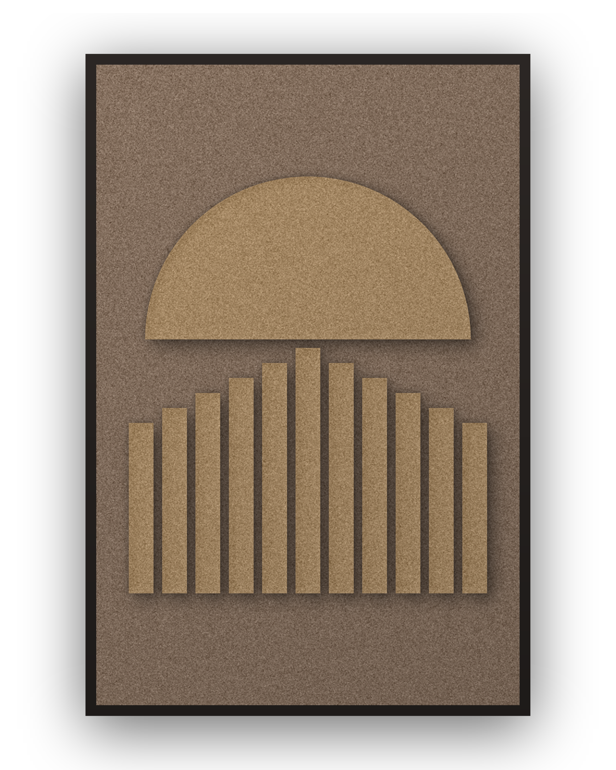 Panneau en feutre acoustique Sunset Stripes Latte avec éléments appliqués brun latte sur brun café, cadre caisse noir