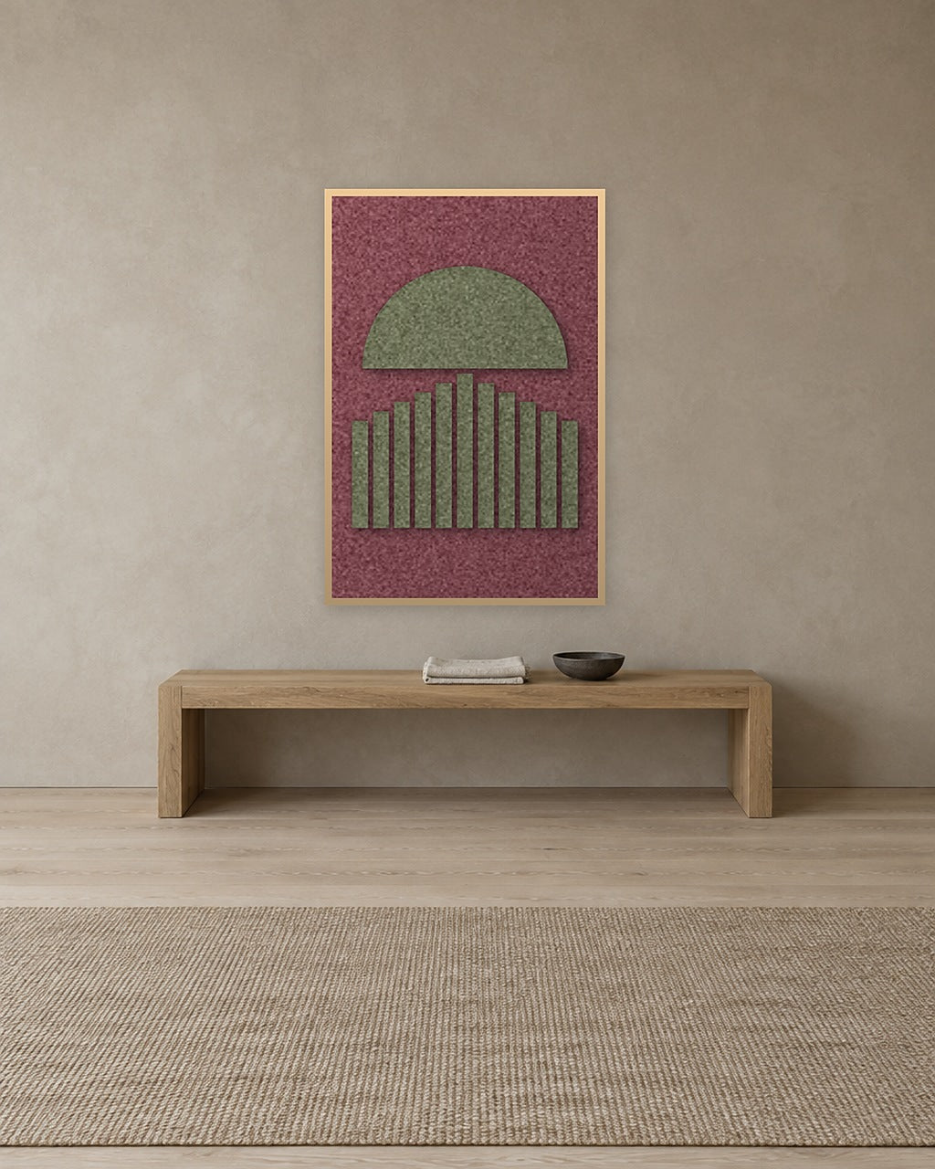 Panneau en feutre Sunset Stripes Wine avec cadre caisse naturel au mur