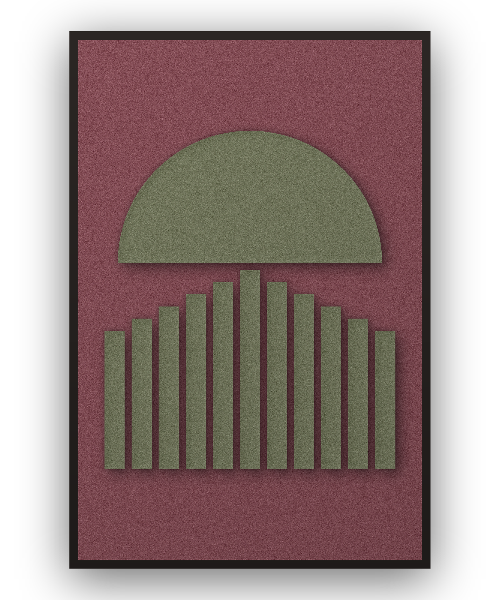 Sunset Stripes Wine Akustikfilz-Paneel mit aufgesetzten Elementen in Waldgrün auf Bordeaux, schwarzer Schattenfugenrahmen