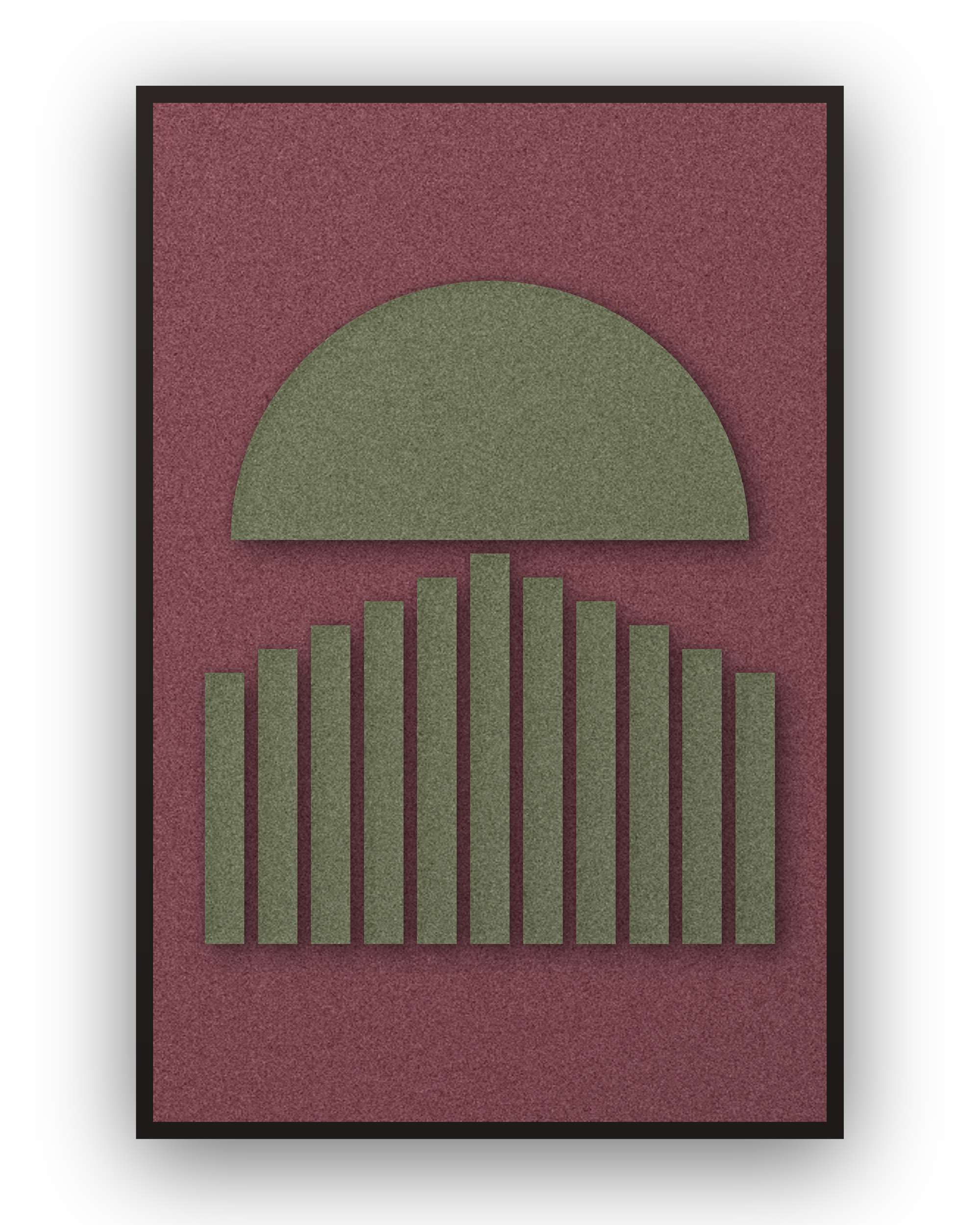 Panneau en feutre acoustique Sunset Stripes Wine avec éléments appliqués vert forêt sur bordeaux, cadre caisse noir