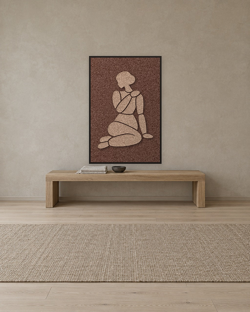 Tender Hold Cappuccino Filzpaneel mit schwarzem Schattenfugenrahmen an der Wand in einem ruhigen Japandi-Interieur