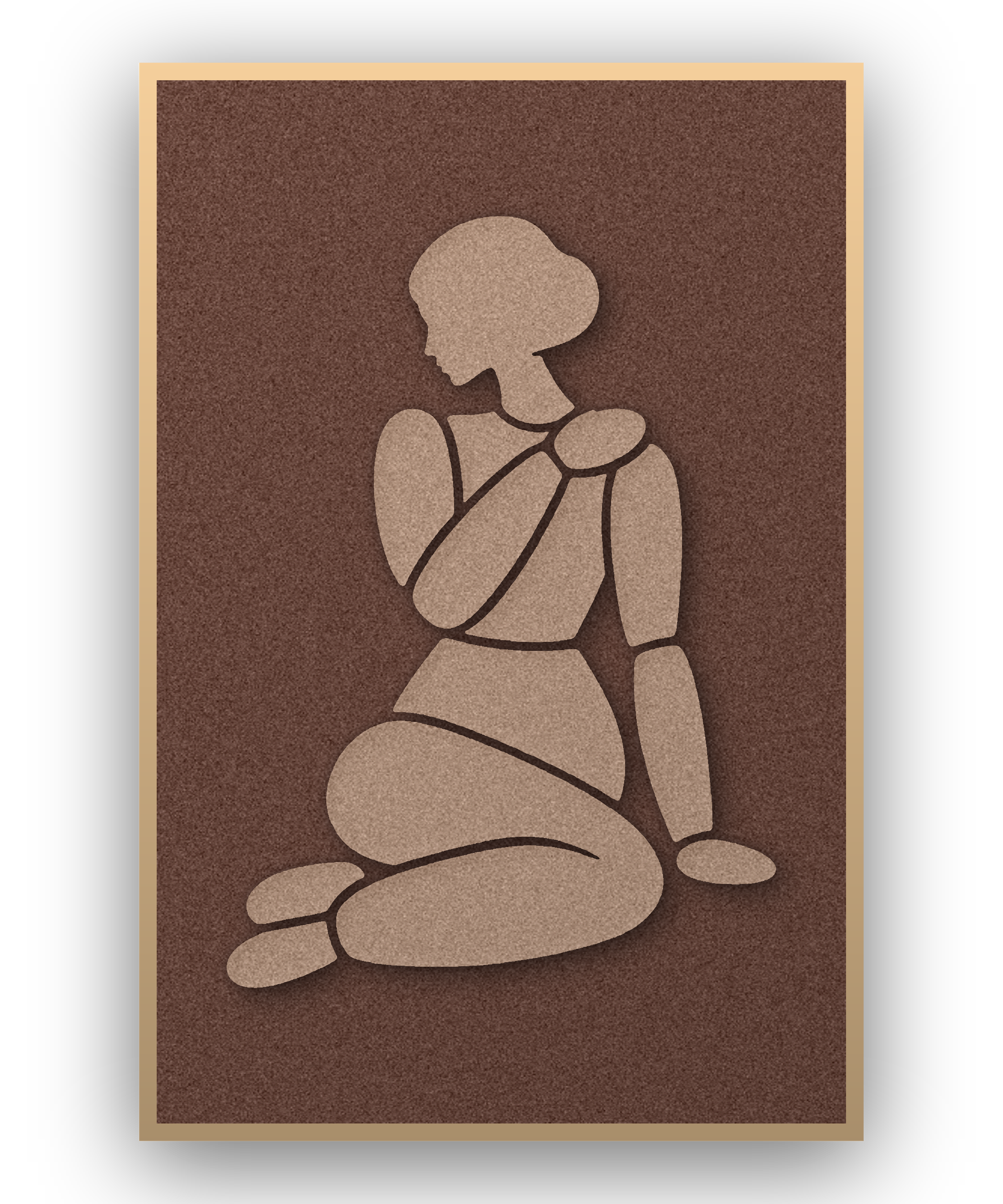 Tender Hold Cappuccino Akustikpaneel aus Filz mit aufgelegter Frauenfigur in Cappuccinobraun auf Kaffeebraun, mit Schattenfugenrahmen in Natur