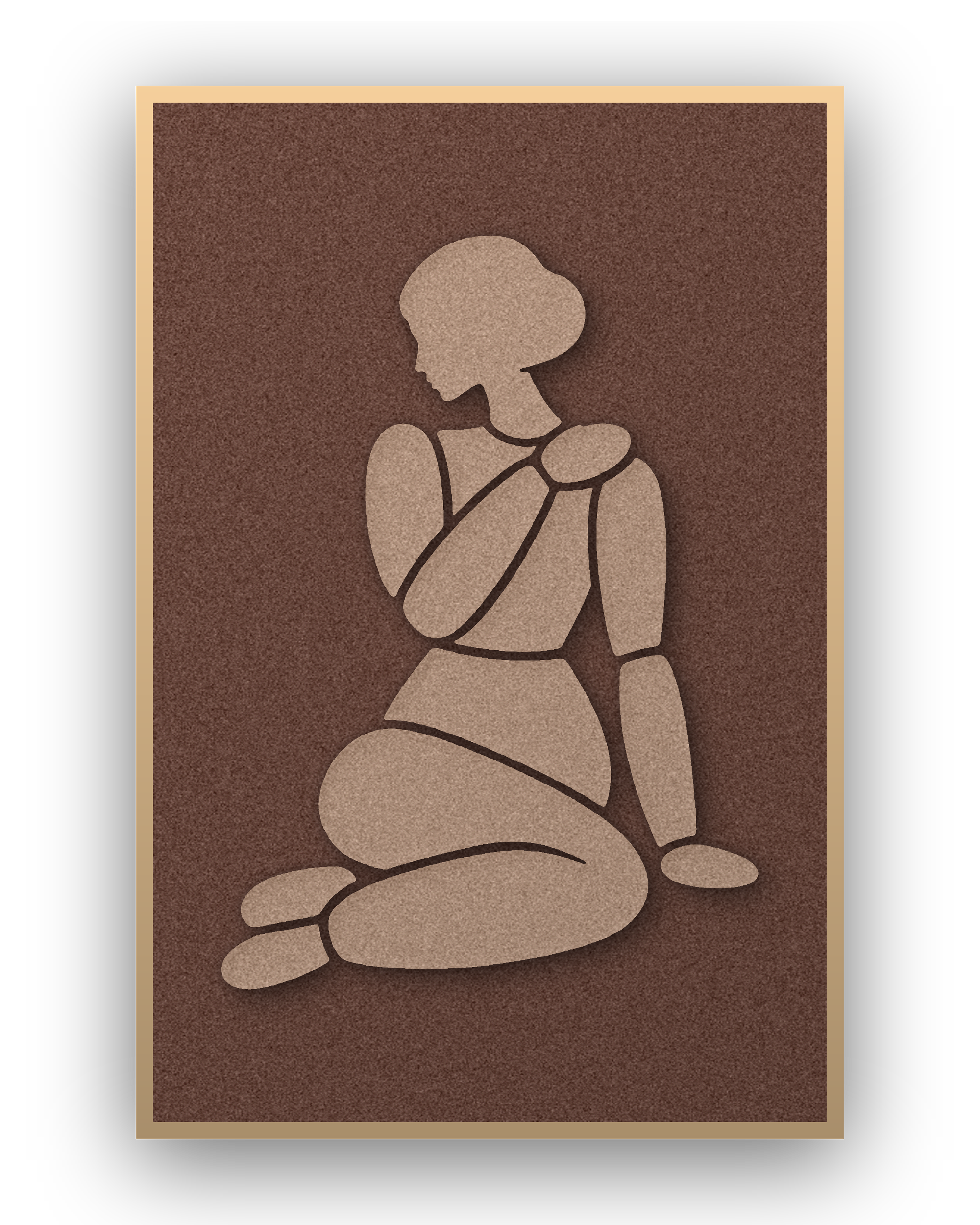 Tender Hold Cappuccino Akustikpaneel aus Filz mit aufgelegter Frauenfigur in Cappuccinobraun auf Kaffeebraun, mit Schattenfugenrahmen in Natur