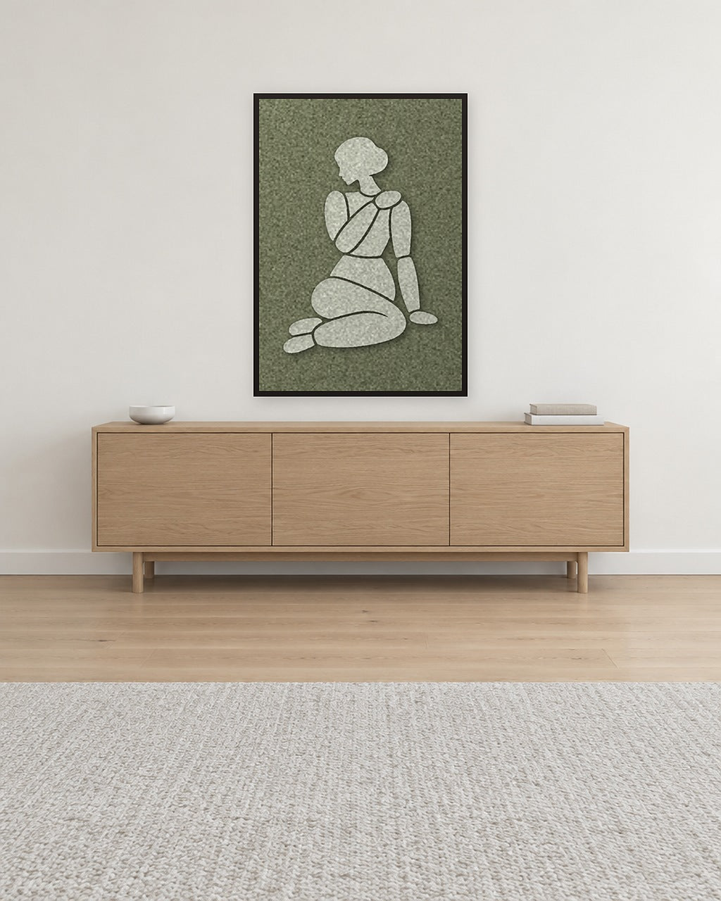 Tender Hold Fern Filzpaneel mit schwarzem Schattenfugenrahmen an der Wand in einem hellen skandinavischen Interieur