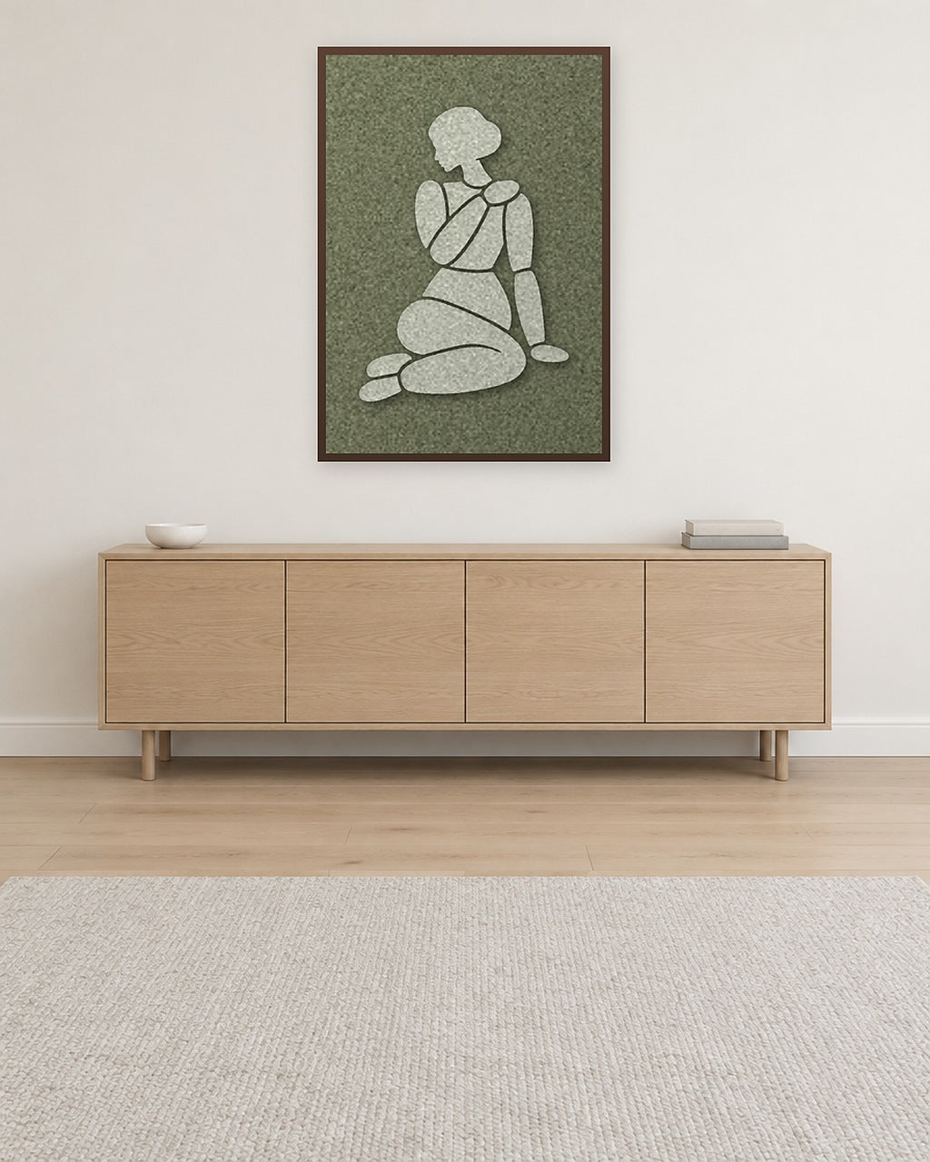 Tender Hold Fern Filzpaneel mit kastanienbraunem Schattenfugenrahmen an der Wand in einem skandinavischen Interieur