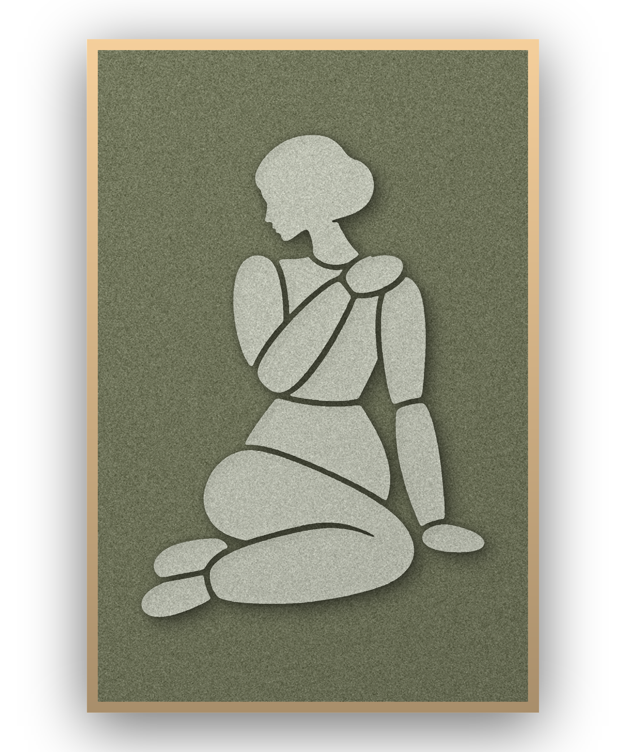 Tender Hold Fern Akustikpaneel aus Filz mit aufgelegter Frauenfigur in Graugrün auf Waldgrün, mit Schattenfugenrahmen in Natur