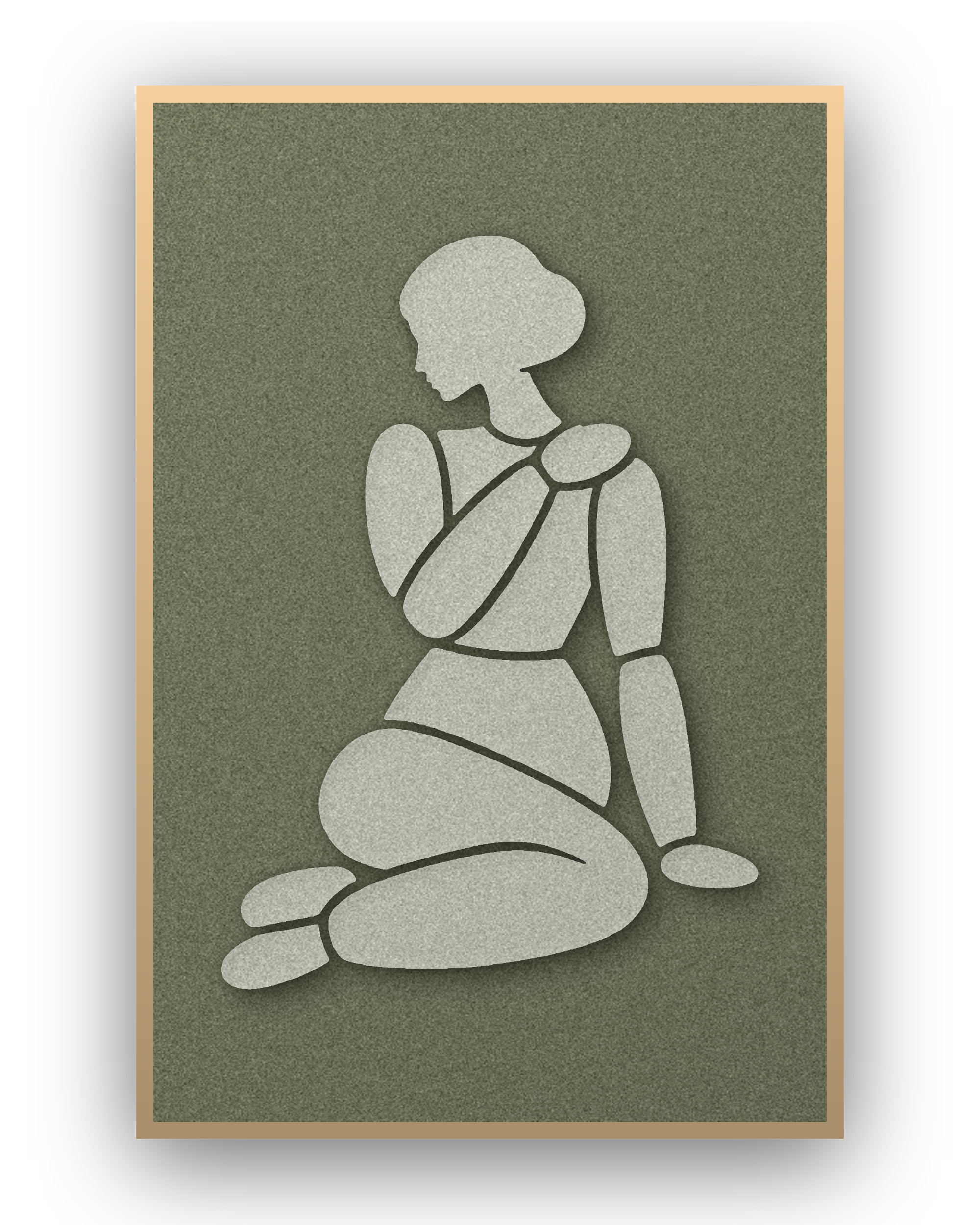 Tender Hold Fern Akustikpaneel aus Filz mit aufgelegter Frauenfigur in Graugrün auf Waldgrün, mit Schattenfugenrahmen in Natur