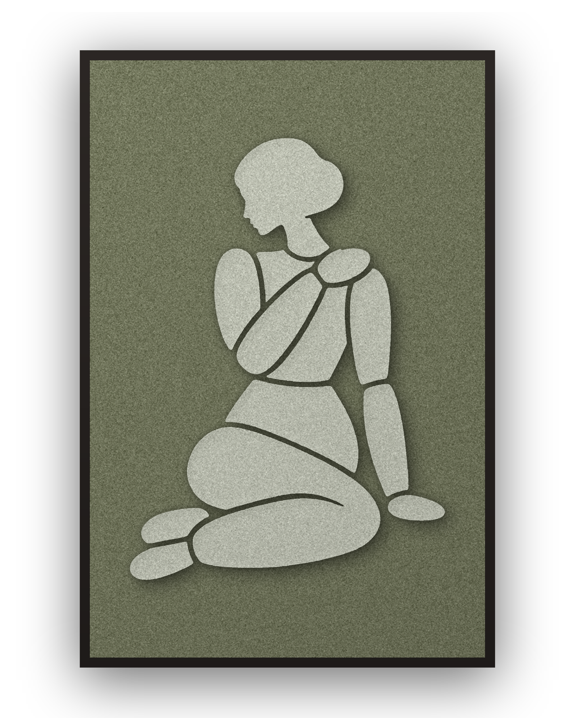 Tender Hold Fern Akustikpaneel aus Filz mit aufgelegter Frauenfigur in Graugrün auf Waldgrün, mit schwarzem Schattenfugenrahmen