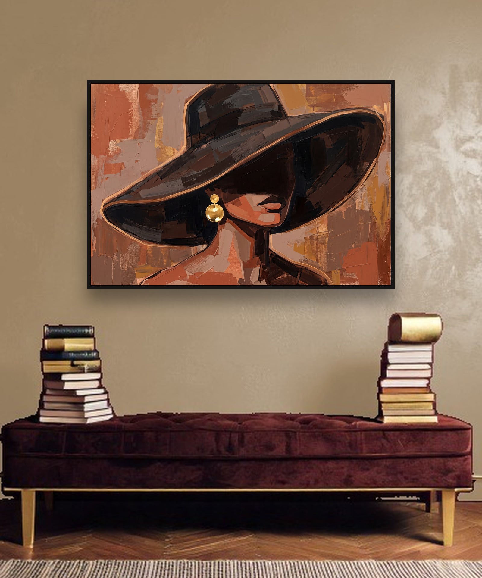 Terracotta Breath ambiance avec cadre caisse noir dans un intérieur de luxe moderne