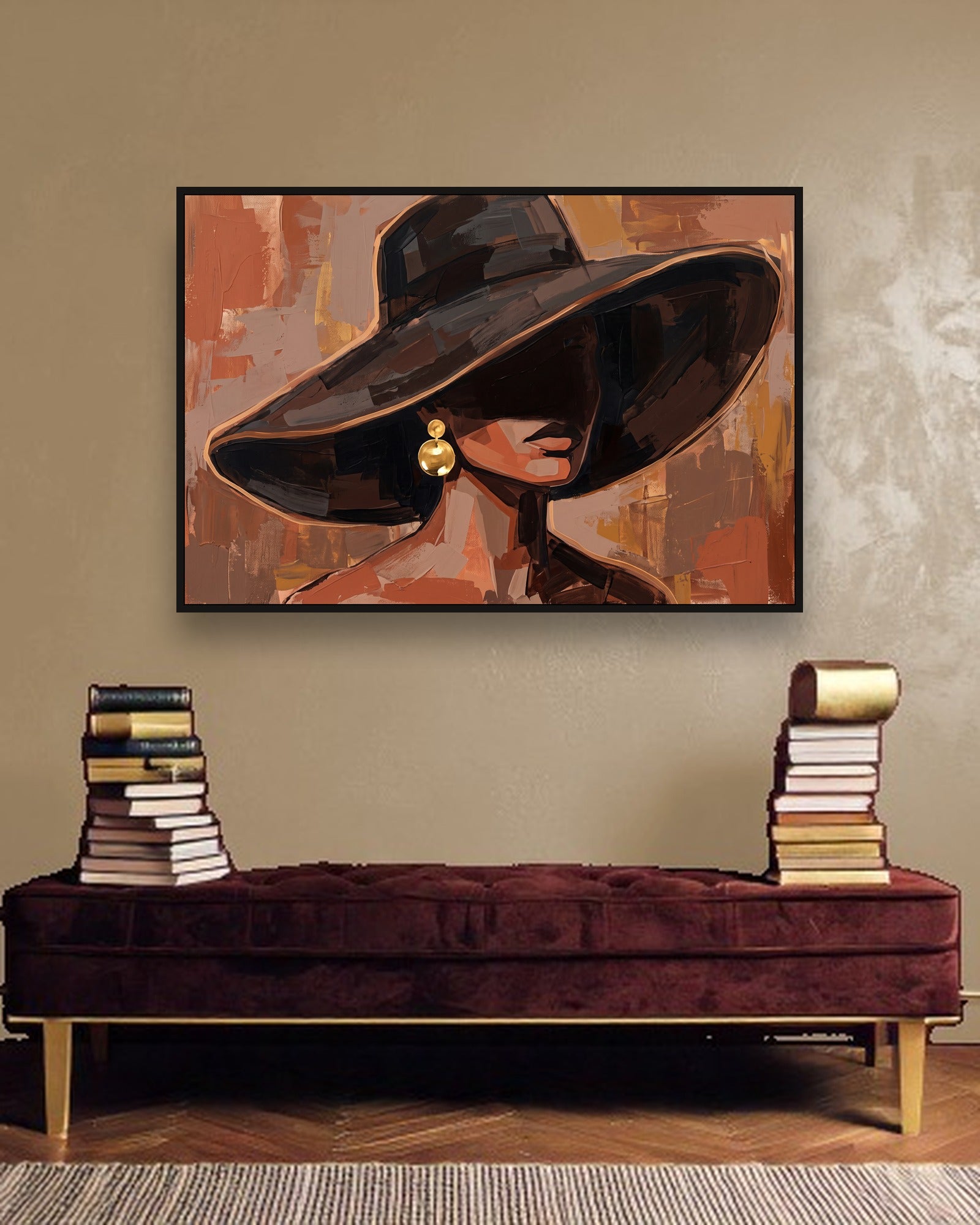 Terracotta Breath ambiance avec cadre caisse noir dans un intérieur de luxe moderne