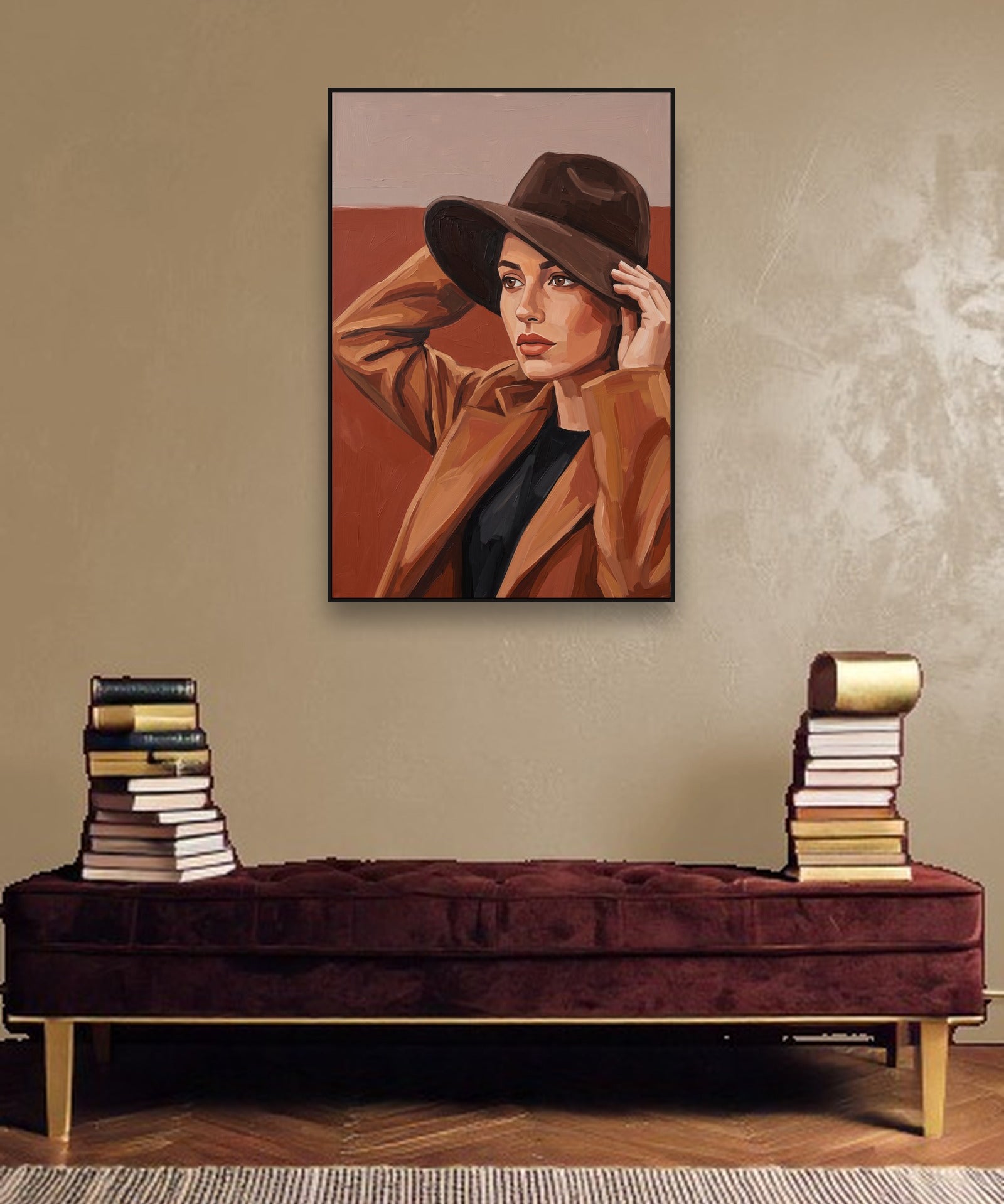 Terracotta Gaze ambiance avec cadre caisse noir dans un intérieur de luxe moderne