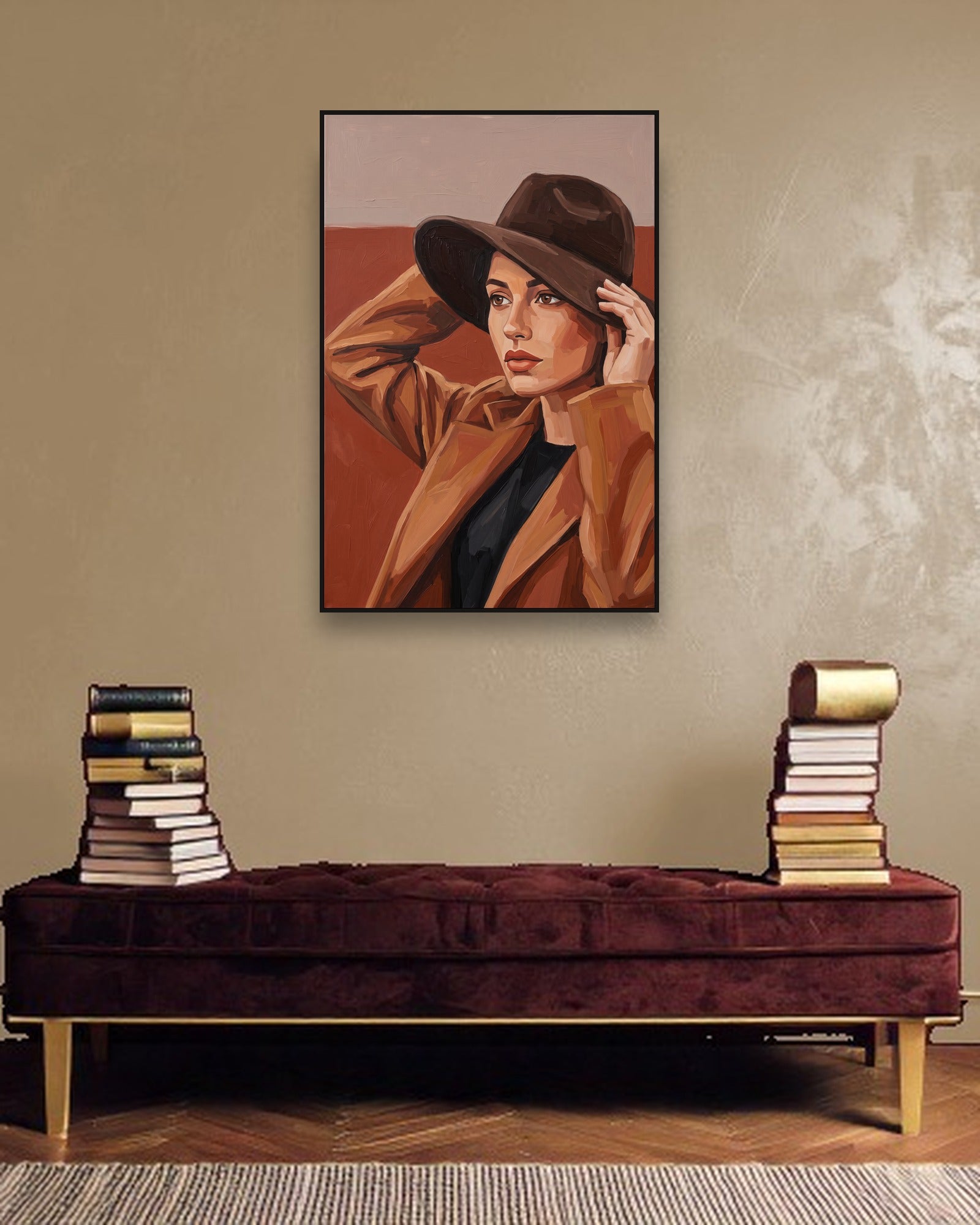 Terracotta Gaze sfeerbeeld met zwarte baklijst in moderne luxe interieur