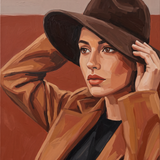Terracotta Gaze - vrouw met hoed tegen grijs en terracotta, Wandkraft