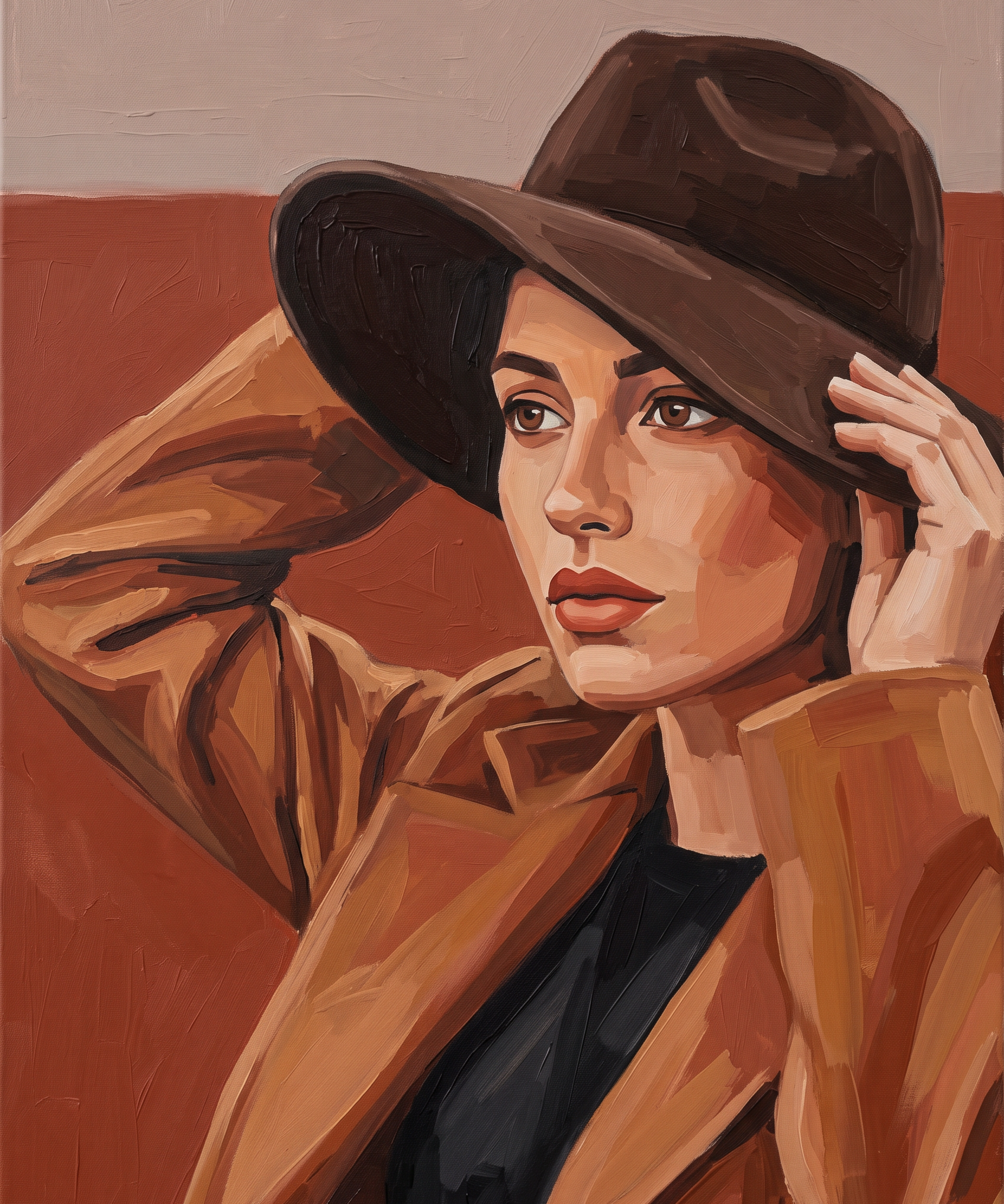 Terracotta Gaze - vrouw met hoed tegen grijs en terracotta, Wandkraft