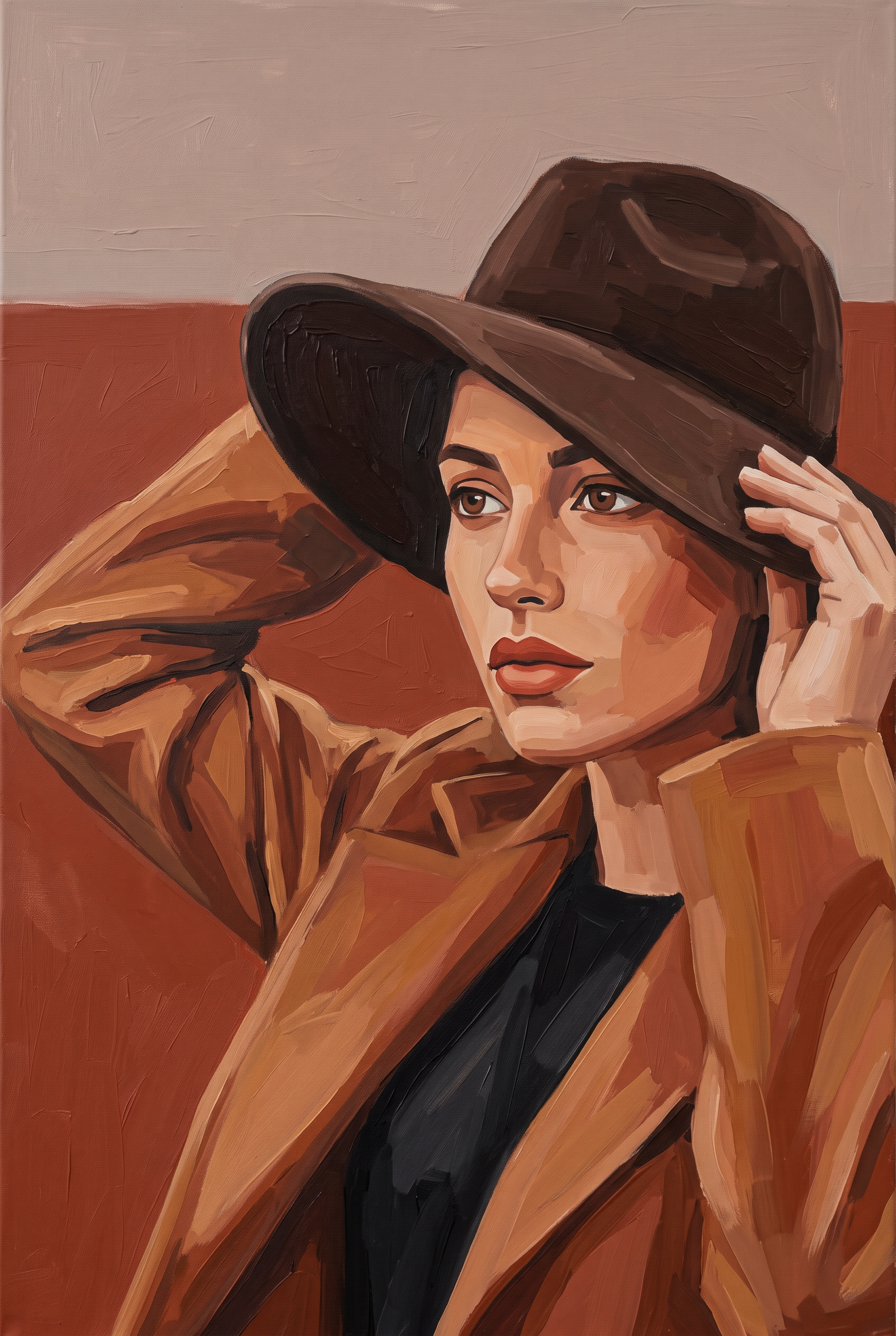 Terracotta Gaze - vrouw met hoed tegen grijs en terracotta, Wandkraft