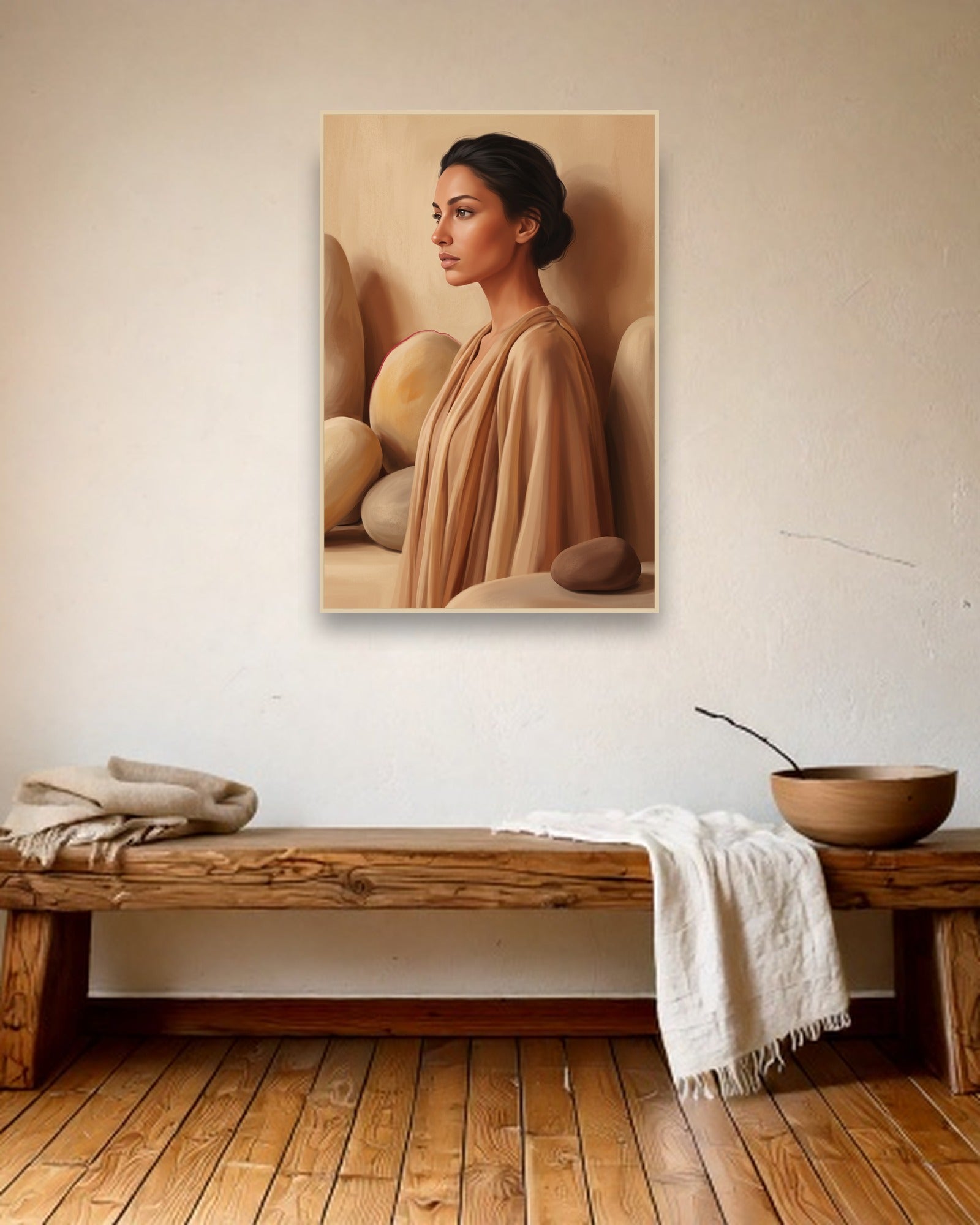Terracotta Silhouette ambiance avec cadre en bois clair dans un intérieur champêtre