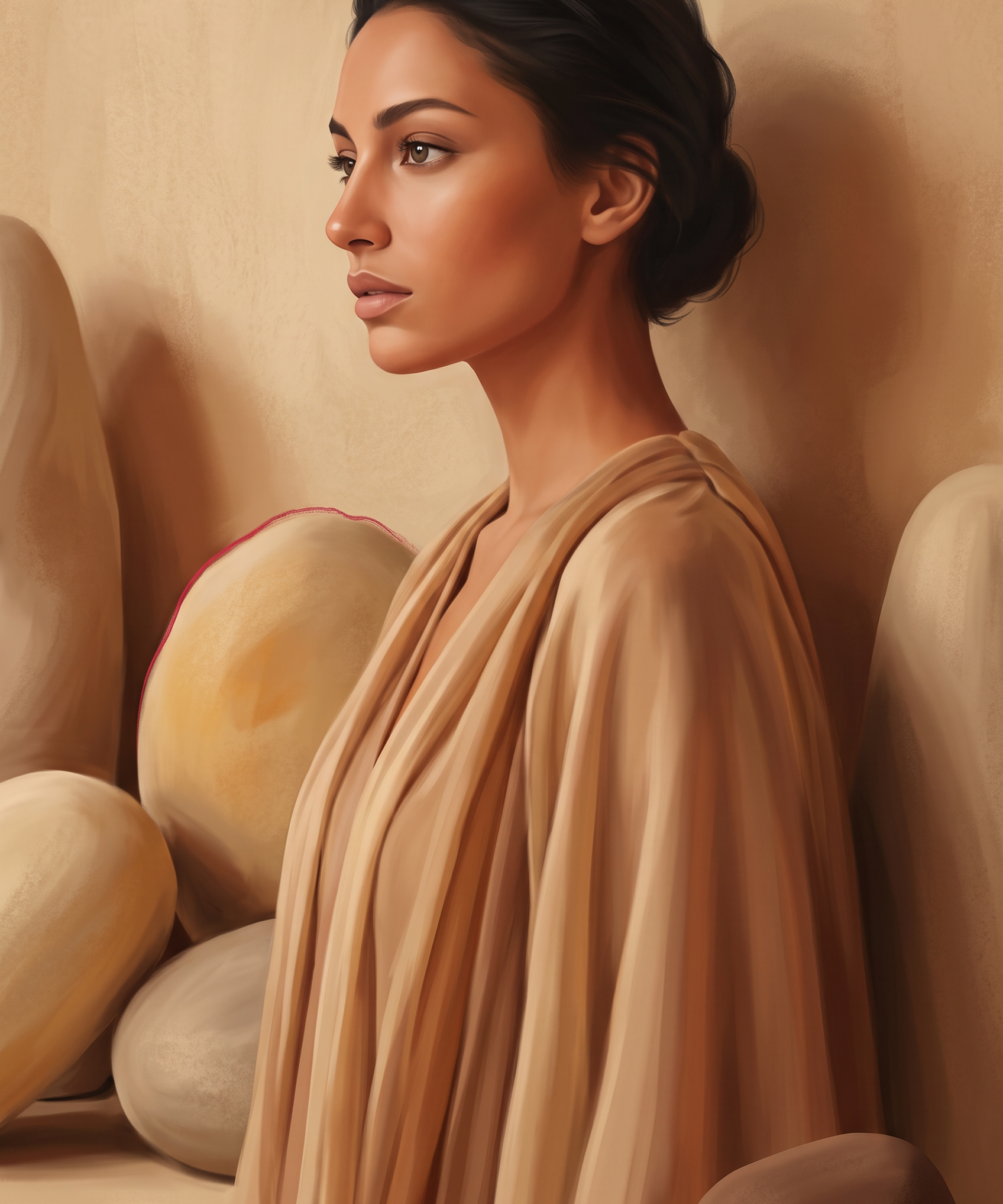 Terracotta Silhouette - profielportret vrouw tussen stenen wanddecoratie