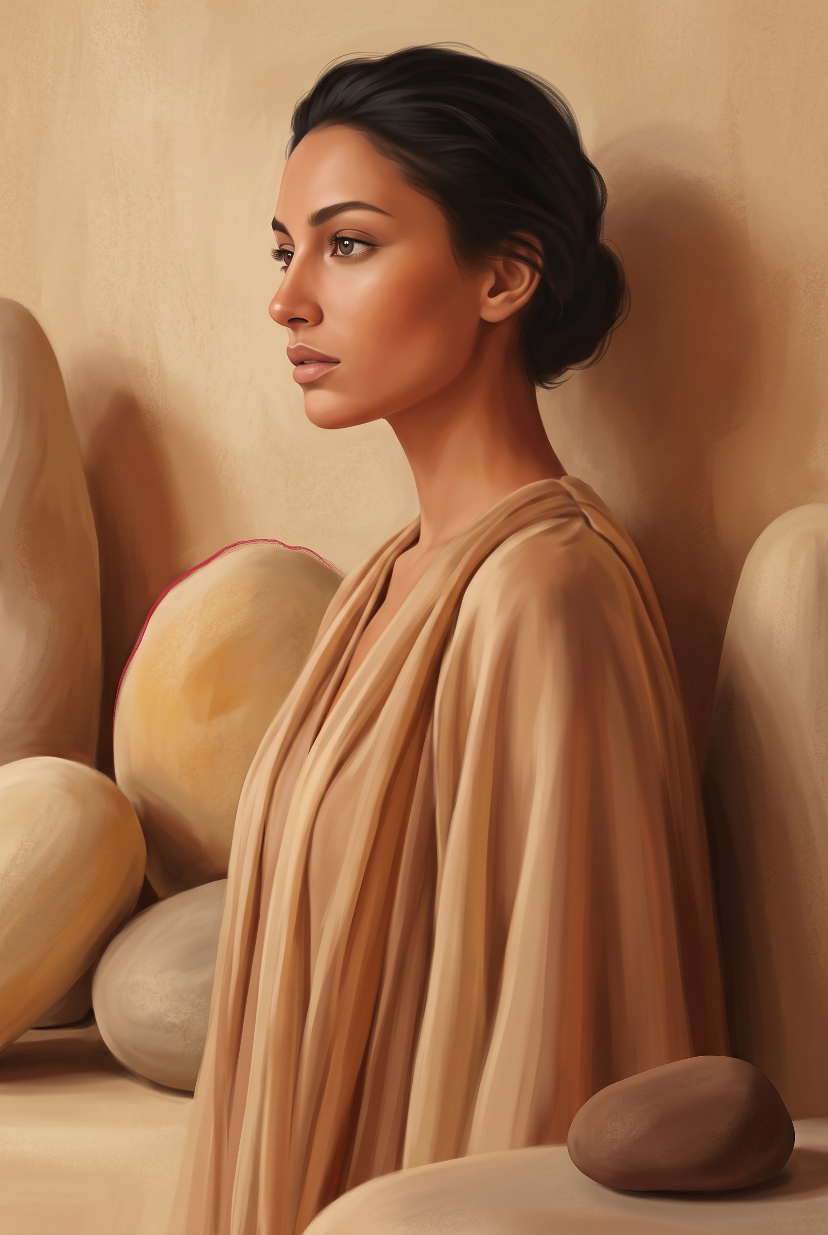 Terracotta Silhouette - profielportret vrouw tussen stenen wanddecoratie
