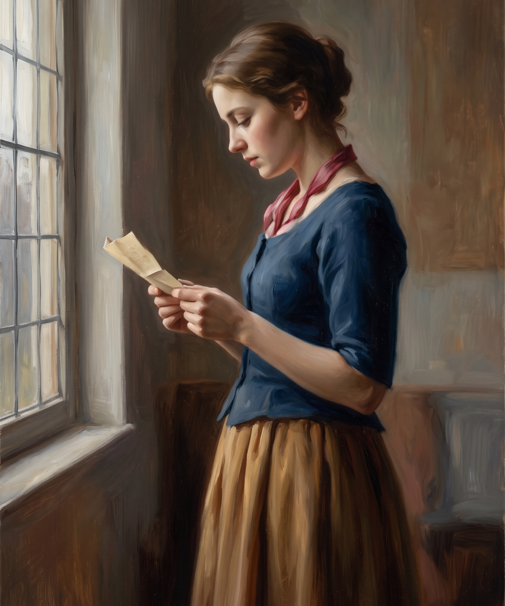 The Quiet Letter - klassiek schilderij van een vrouw die bij het raam een brief leest