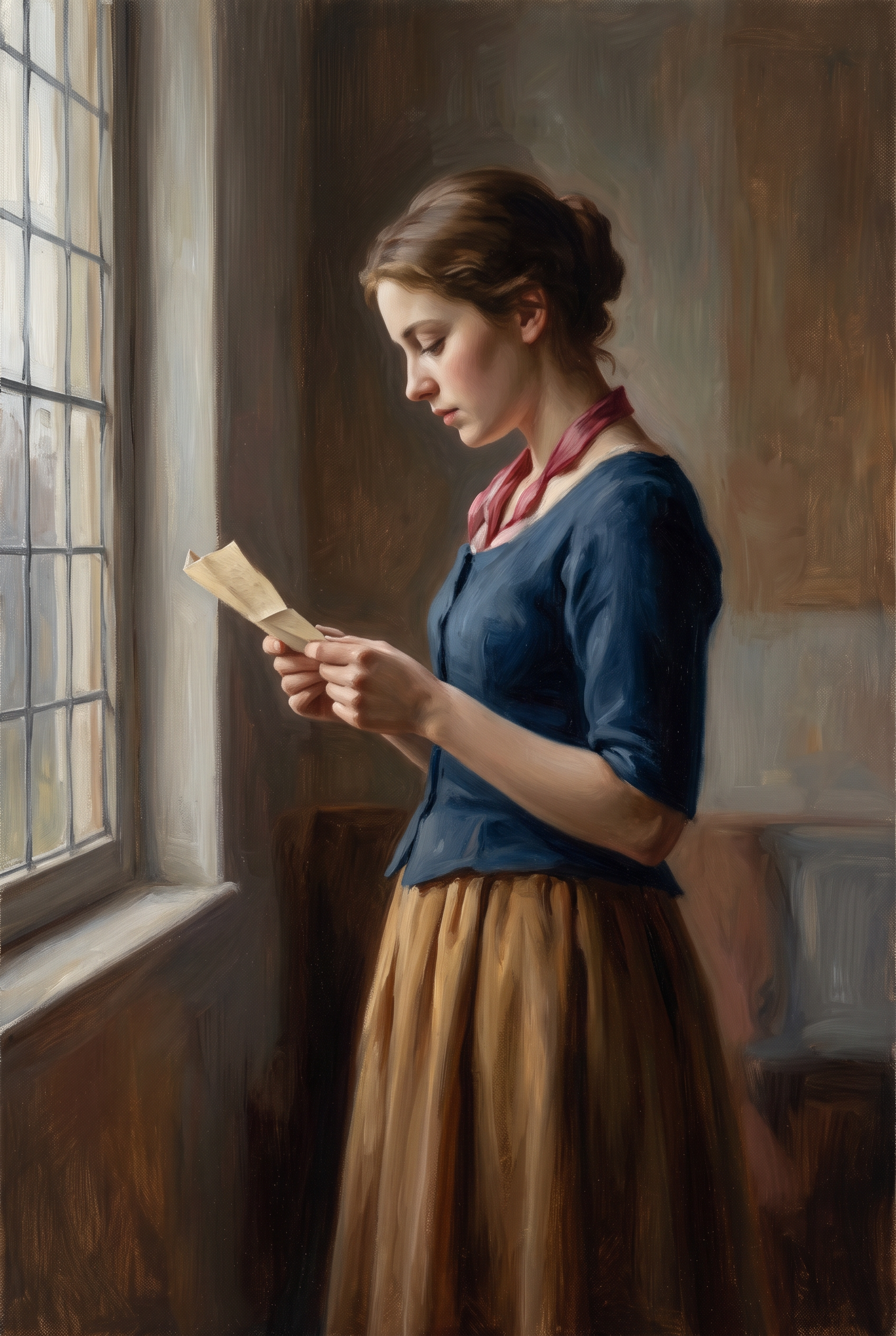 The Quiet Letter - klassiek schilderij van een vrouw die bij het raam een brief leest