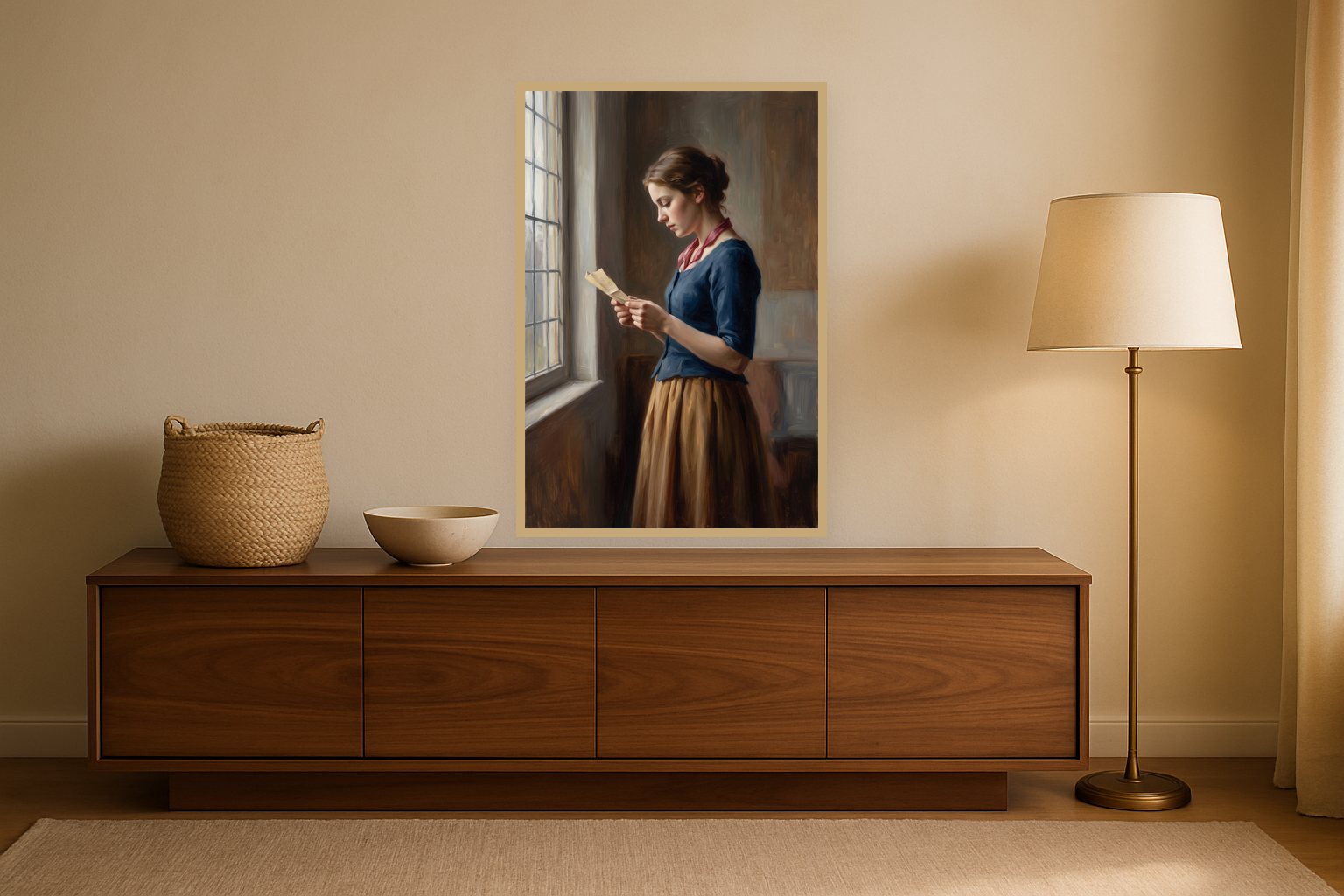The Quiet Letter van Wandkraft op canvas in blanke baklijst, in een warm, licht interieur.
