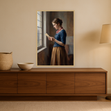 The Quiet Letter van Wandkraft op canvas in blanke baklijst, in een warm, licht interieur.