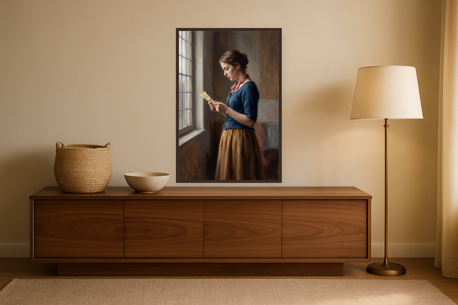 The Quiet Letter van Wandkraft op canvas in wenge baklijst, in een warm, licht interieur.