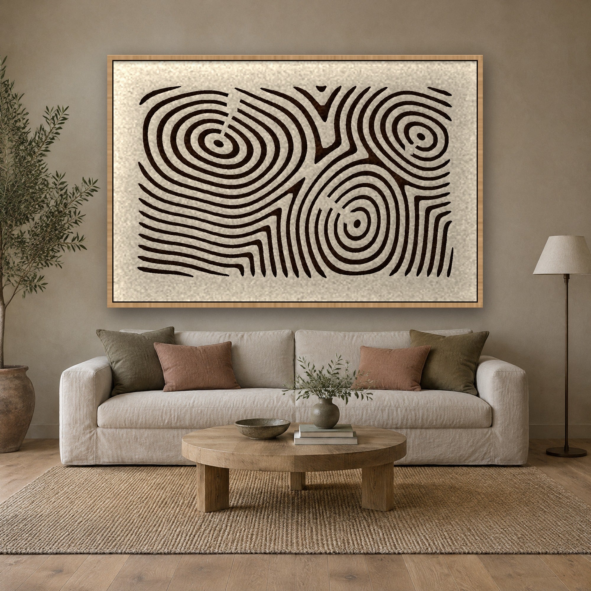 Panneau en feutre Timber Rings accroché en paysage, avec cadre caisse naturel au-dessus d'un canapé en lin dans un salon champêtre