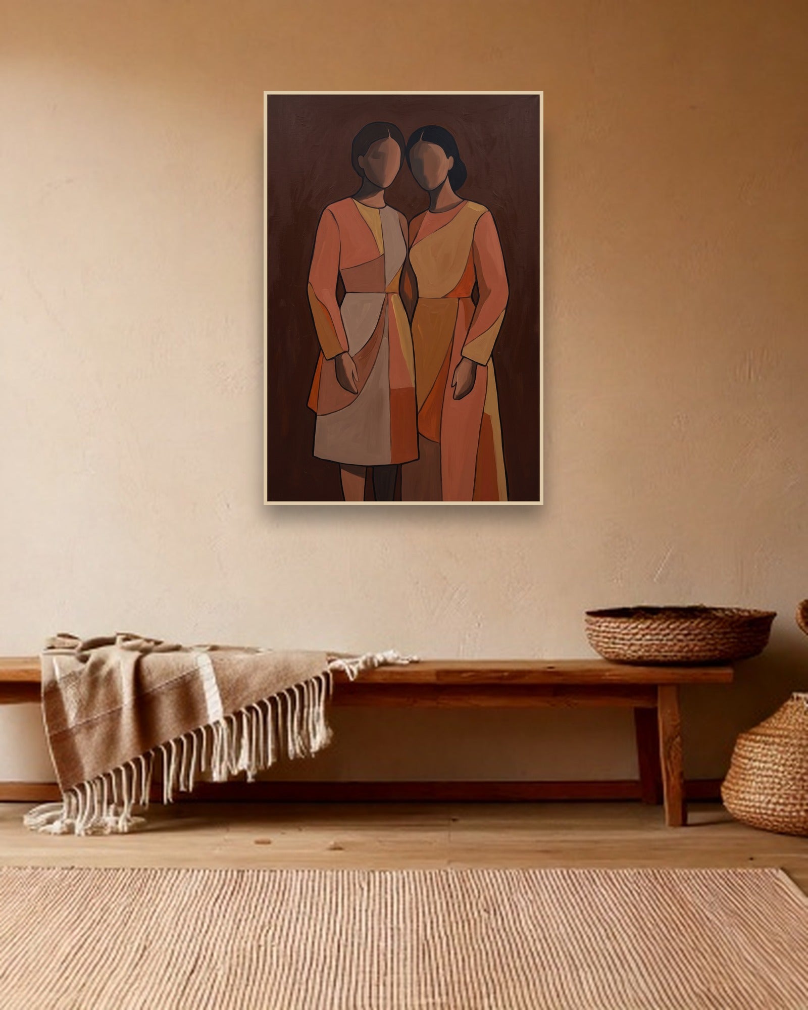 Two Sisters Stimmungsbild mit hellem Holzrahmen im Boho Interieur